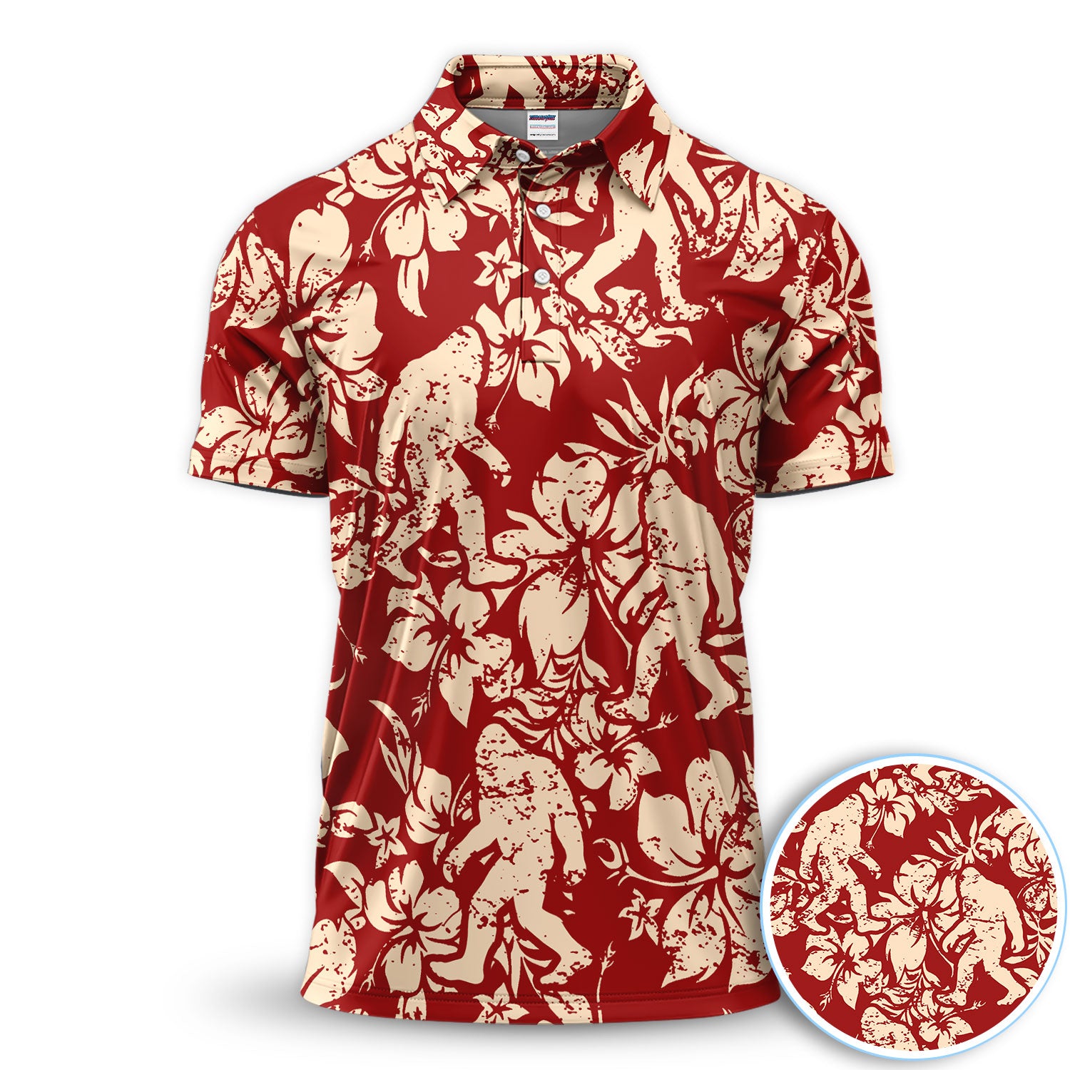 Red Bigfoot Hawaiian Polo Shirt For Men, Sasquatch Floral Aloha All Over Print, Tropical Casual Summer Golf Shirt