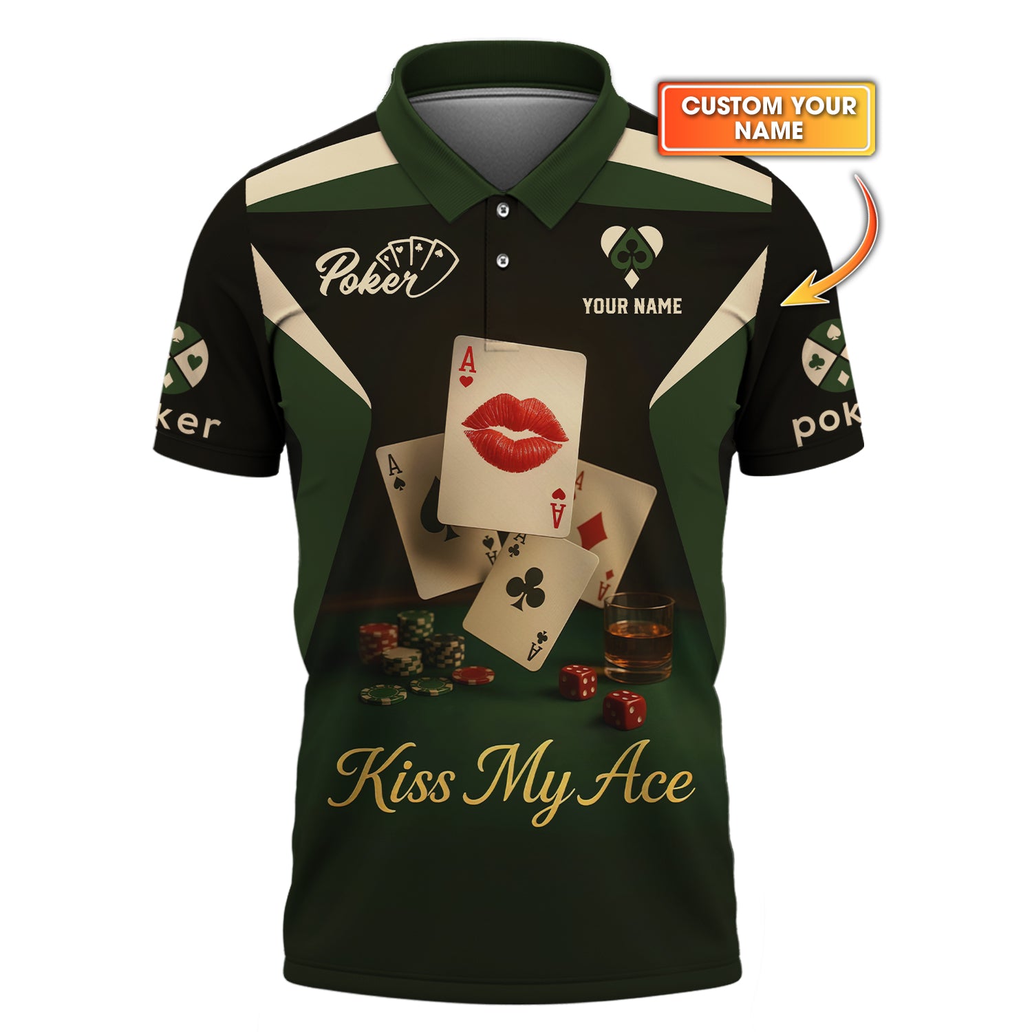 Kiss My Ace Poker Shirt, Funny Poker Polos, Personalized Name Poker Shirts