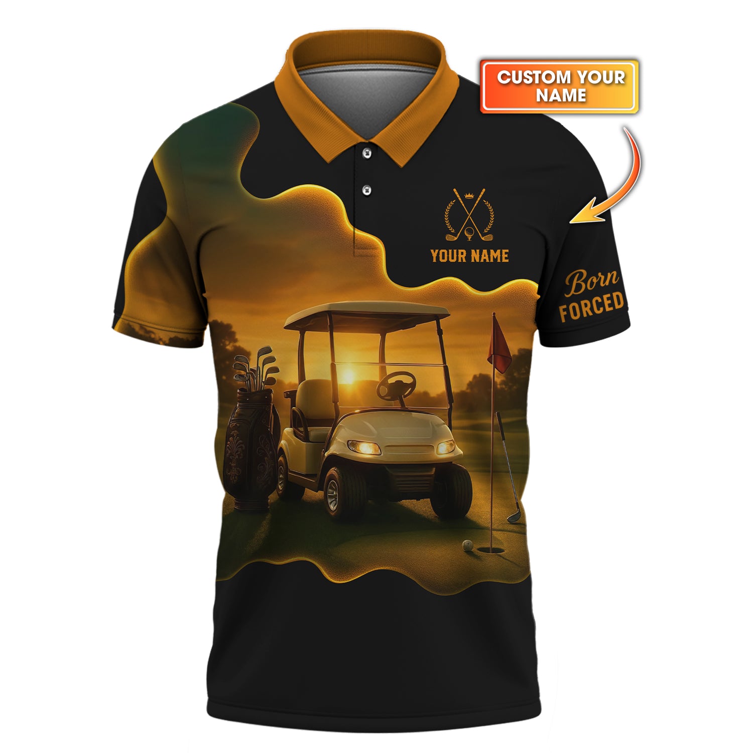 Sunset Golf Cart Custom Name Polos, Men's Golf Shirts, Funny Golf Shirt, Gift For Golfers