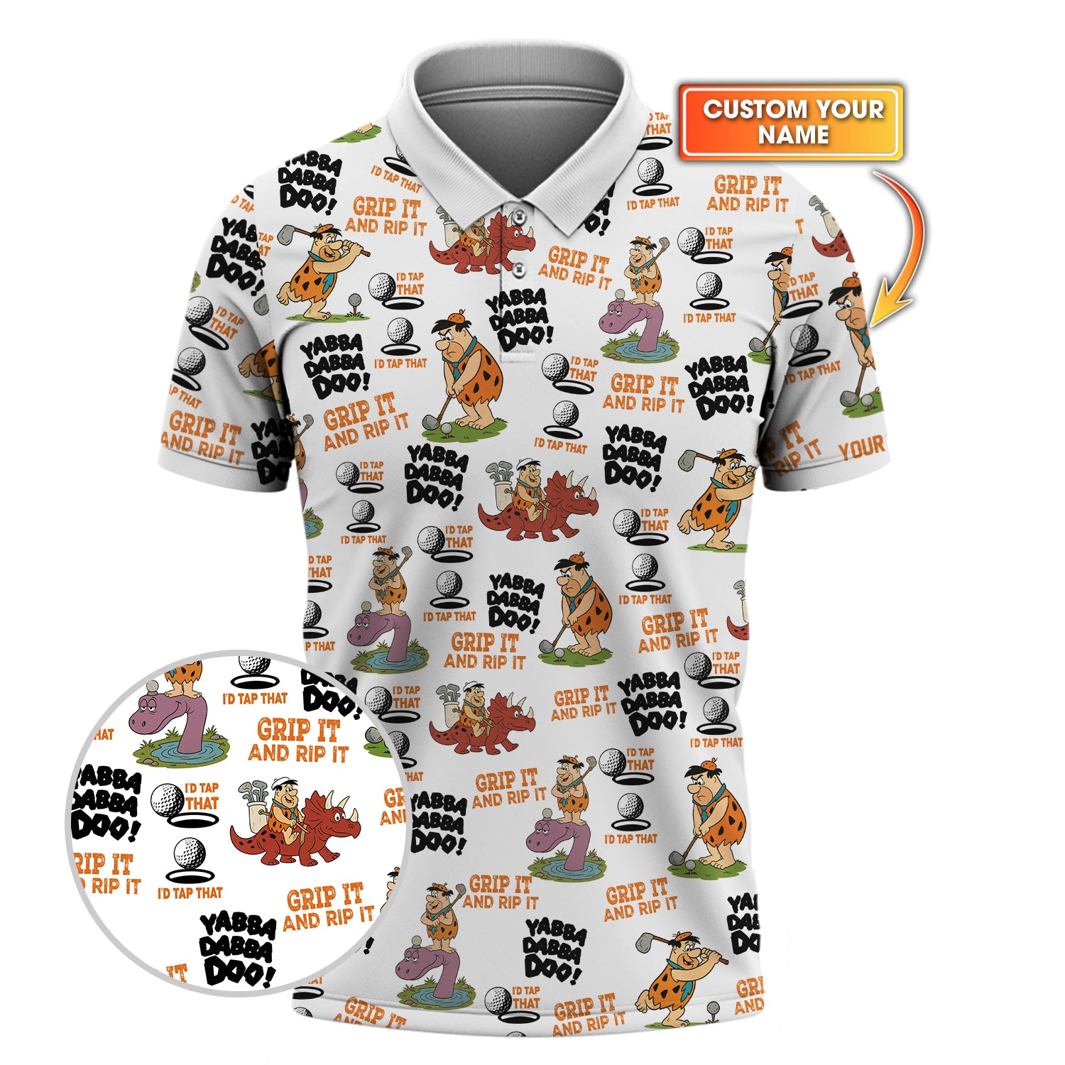 Grip It and Rip It Fred Flintstone Golf Polo Shirt – Funny Yabba Dabba Doo Tee – Personalize Shirt for Golfers
