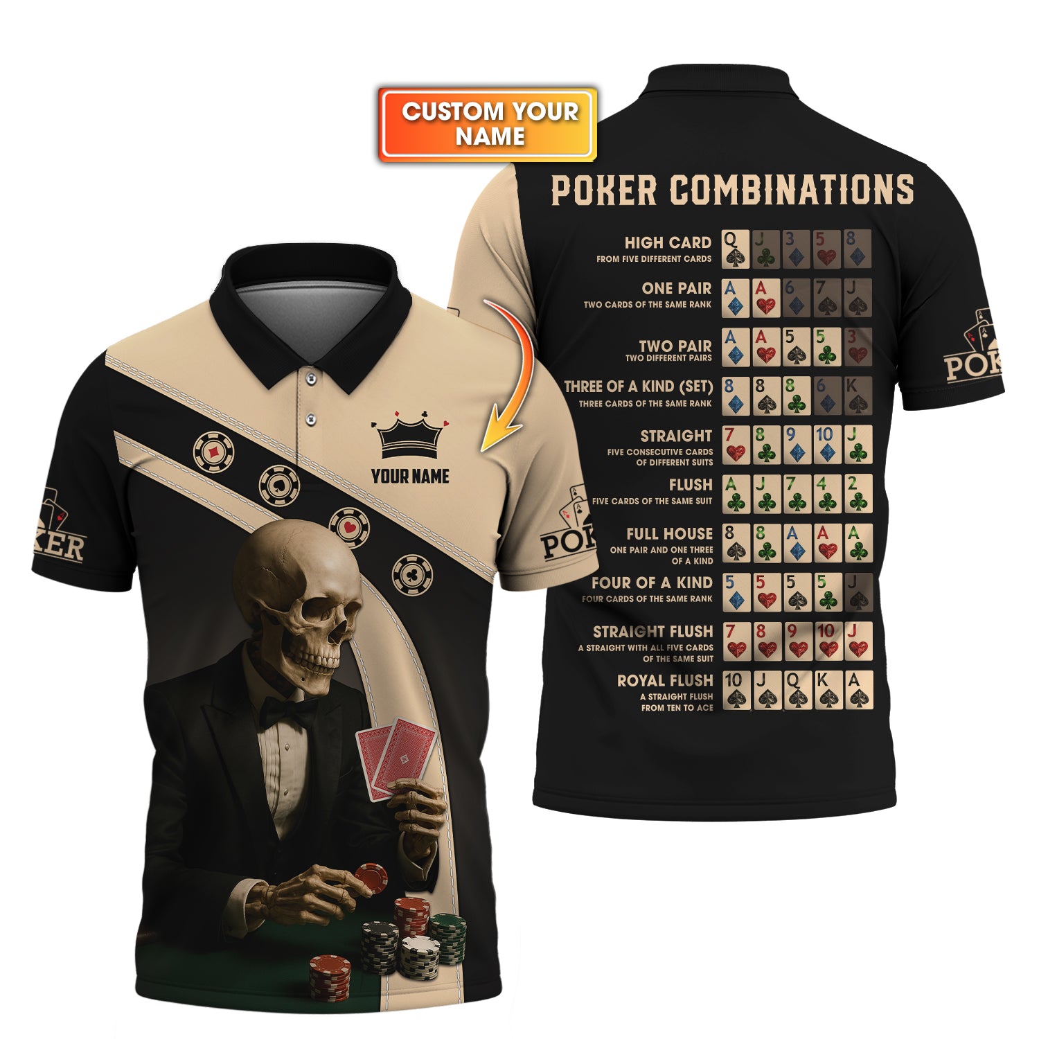 Personalized Name Skeleton Playing Poker Shirts, Funny Poker T-Shirt, Men’s Poker Polos