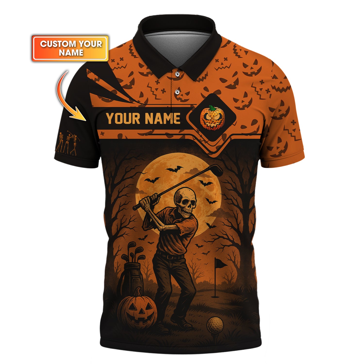Personalized Name Halloween Skull Golf Shirt, Crazy Golf Shirts For Men's, Funny Golf Polos