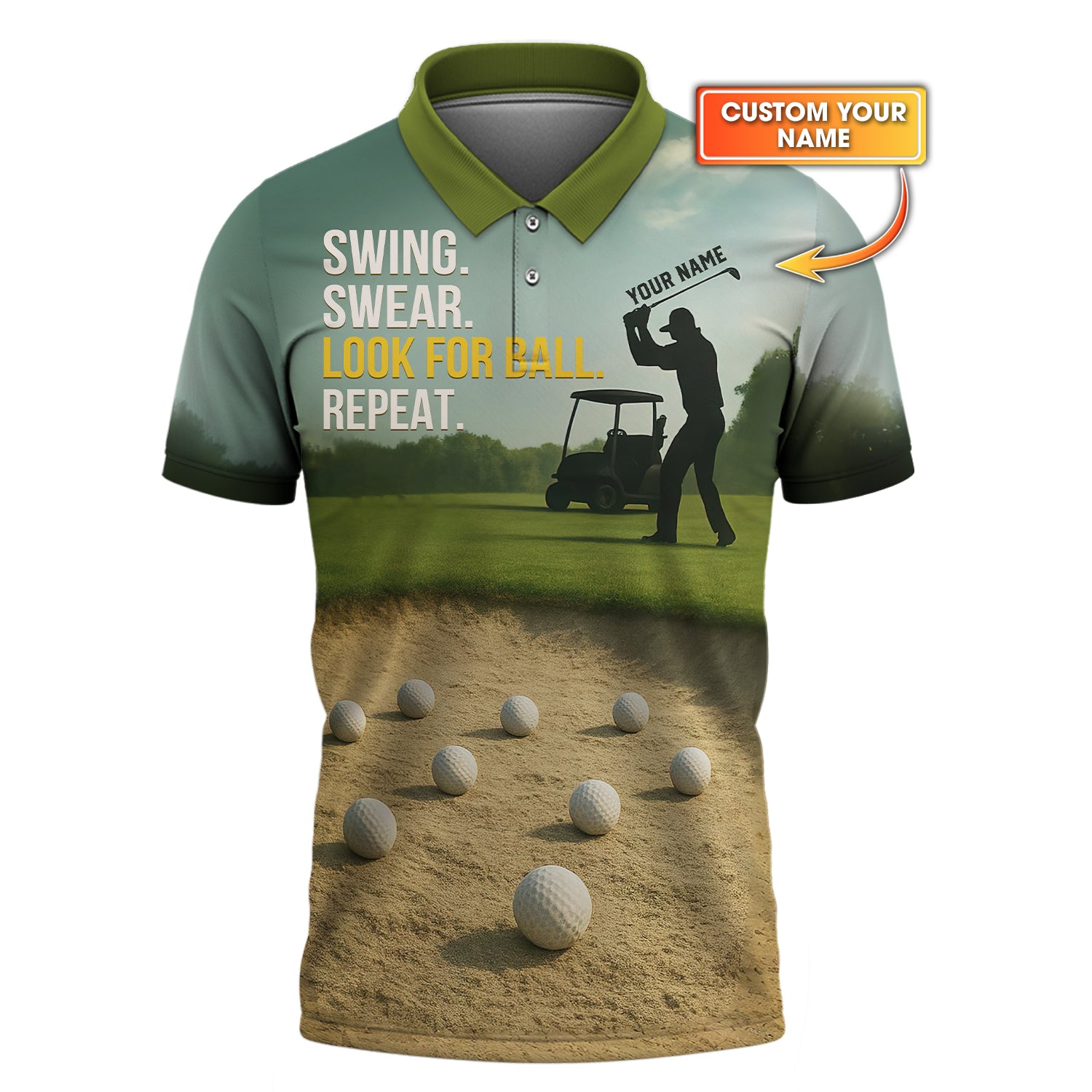 Swing Swear Look For Ball Repeat Shirt, Custom Name Funny Golf Polos, Crazy Golf Shirts For Men's