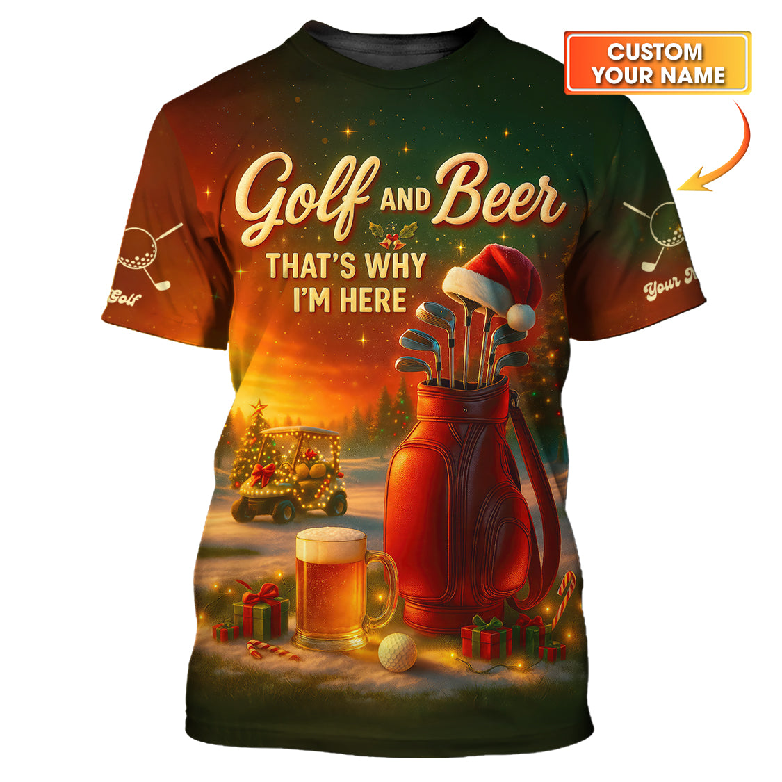 Personalized Christmas Golf Shirt, Funny Xmas Golf Shirt With Custom Name, Golf And Beer Shirt For Men