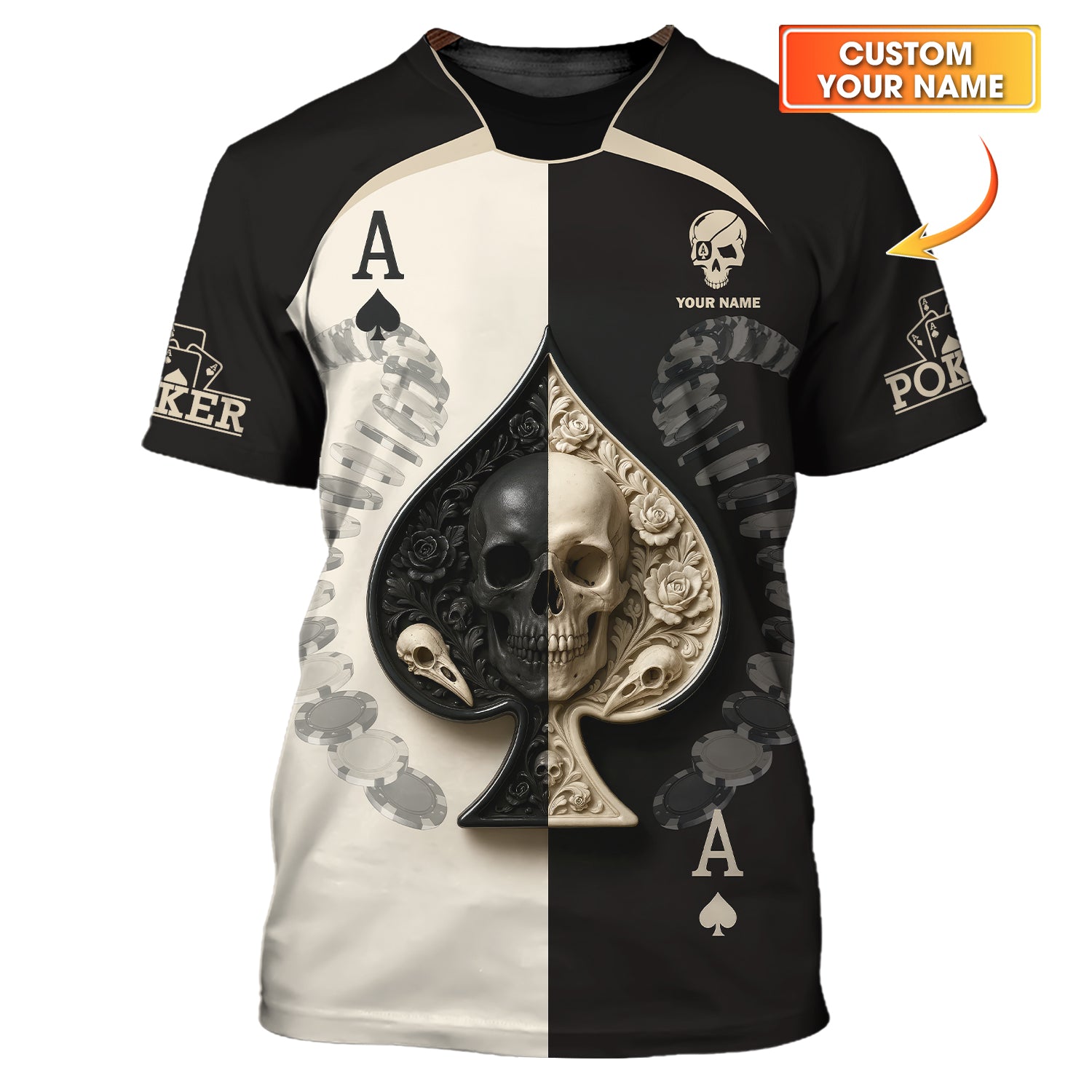 Custom Poker Shirt, Skull Spade Card Tee Black White Casino Style Gifts Poker Player