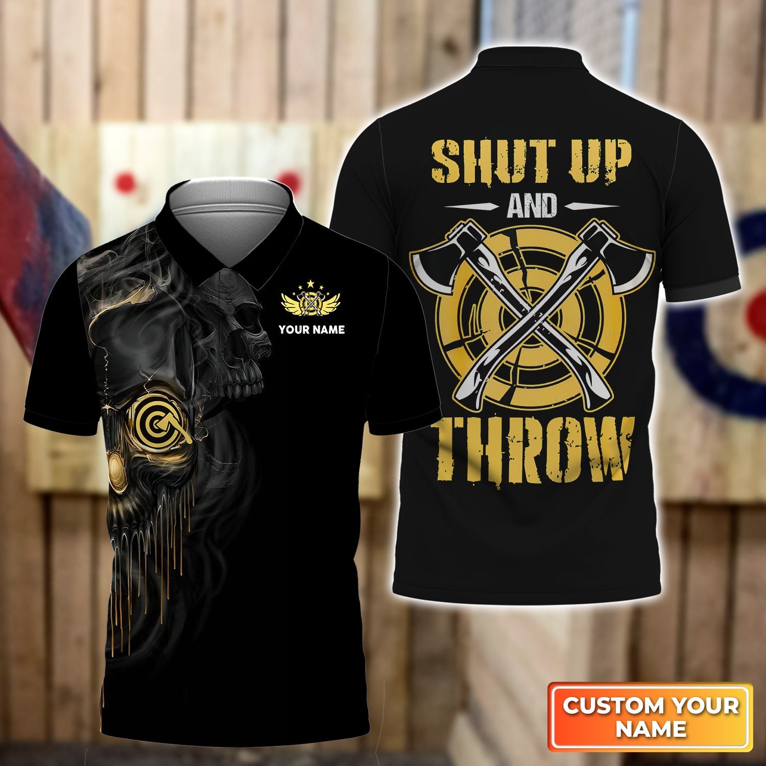 Shut Up And Throw Axe Throwing Target Personalized Name 3D Polo Shirt For Team Player