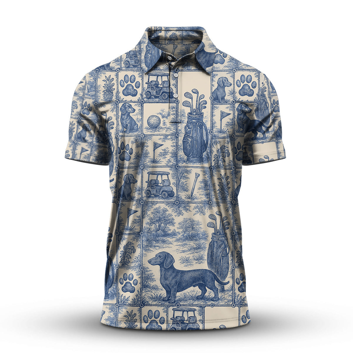 Pattern Golf Shirt, Dachshund Golf Shirt For Men, Toile De Jouy Shirt For Golfer