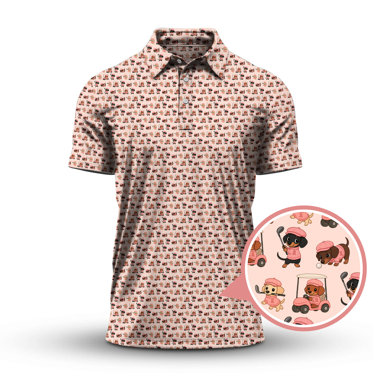 Pattern Golf Shirt For Men, Dachshund Golf Shirt For Golfer, Breast Cancer Golf Shirt For Dog Lovers