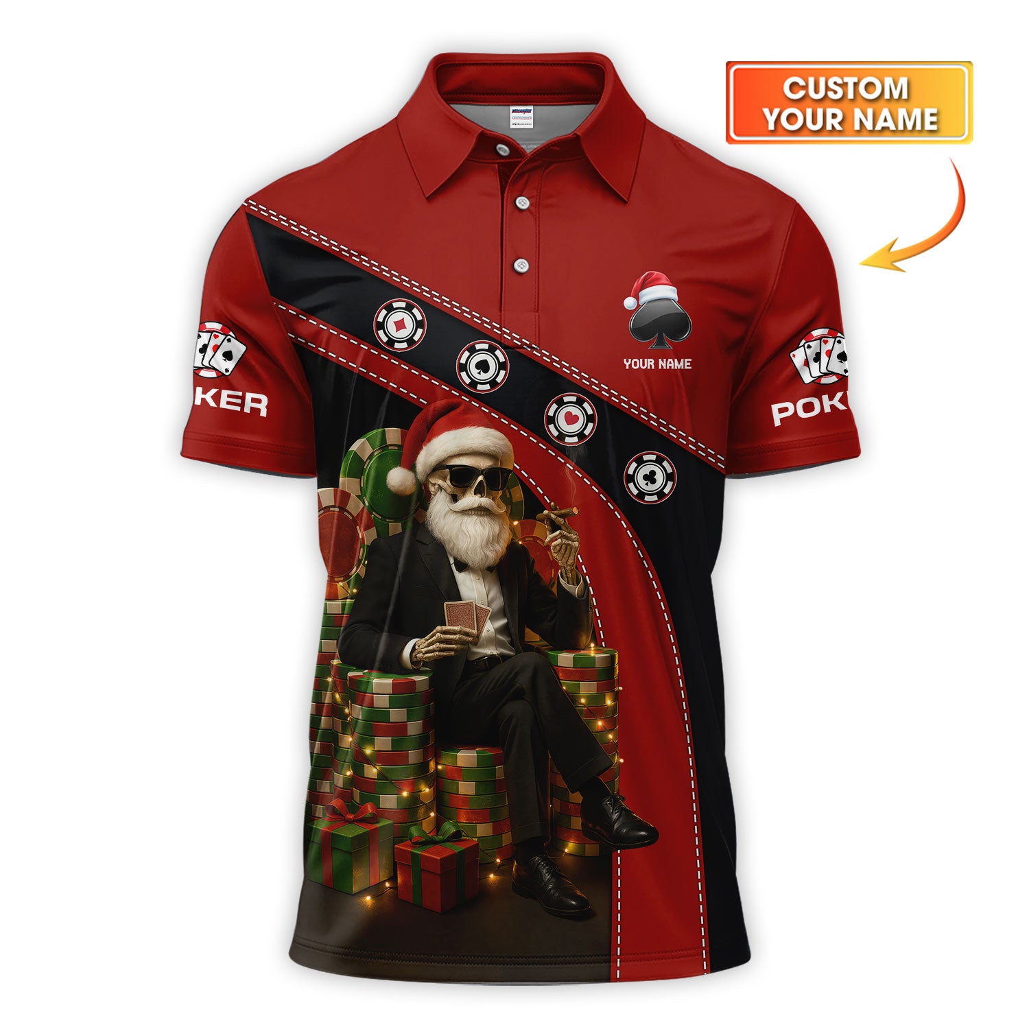 Personalized Christmas Poker Skull Santa Polos, Funny Poker Shirt For Men With Custom Name, Xmas Poker Shirt For Gamble