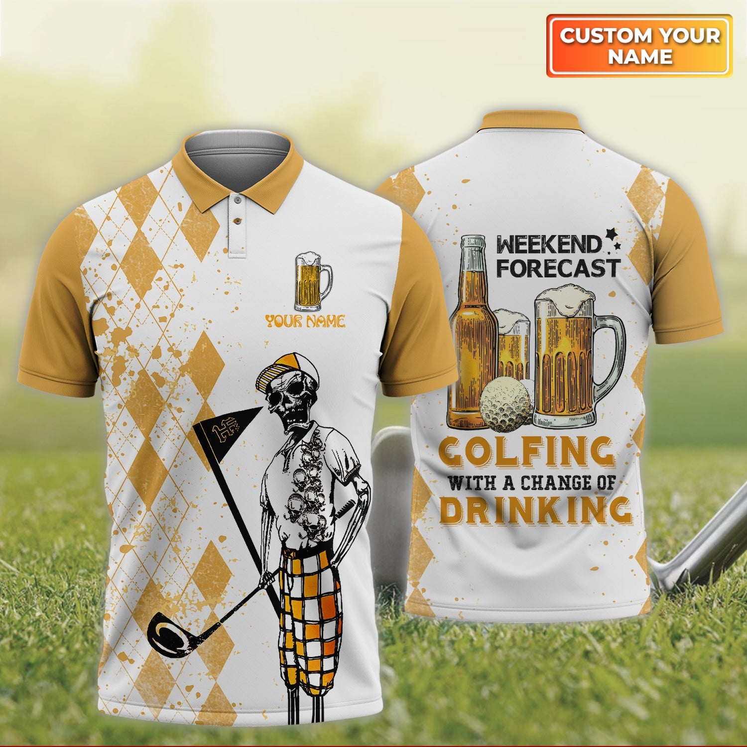 Weekend Forecast Golfing With A Change Of Drinking, Personalized Name 3D Polo Shirt For Golfers