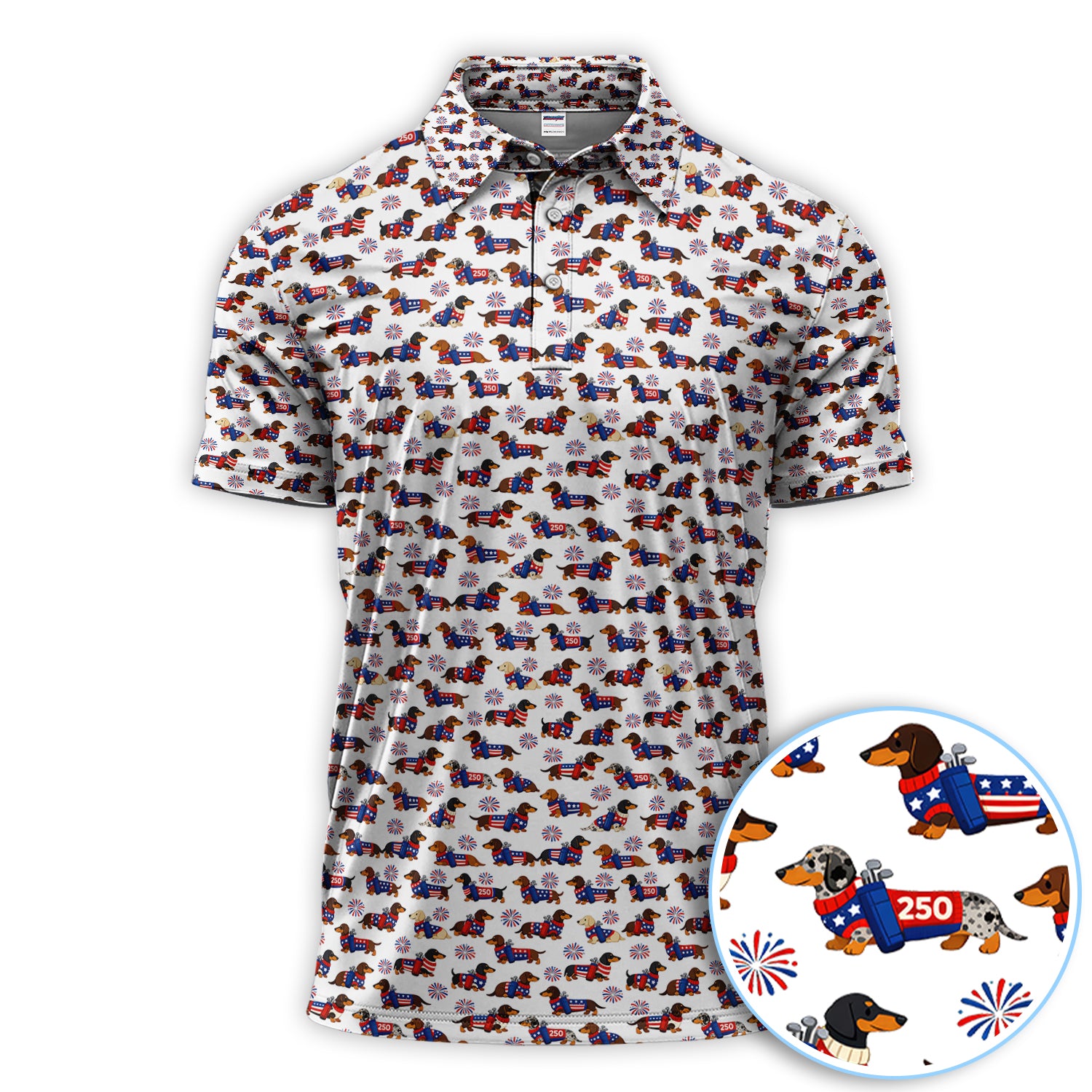 America 250 Dachshund Golf Polos, Funny Patriotic Wiener Dog 250th Golf Shirt, Golf Gift For Men