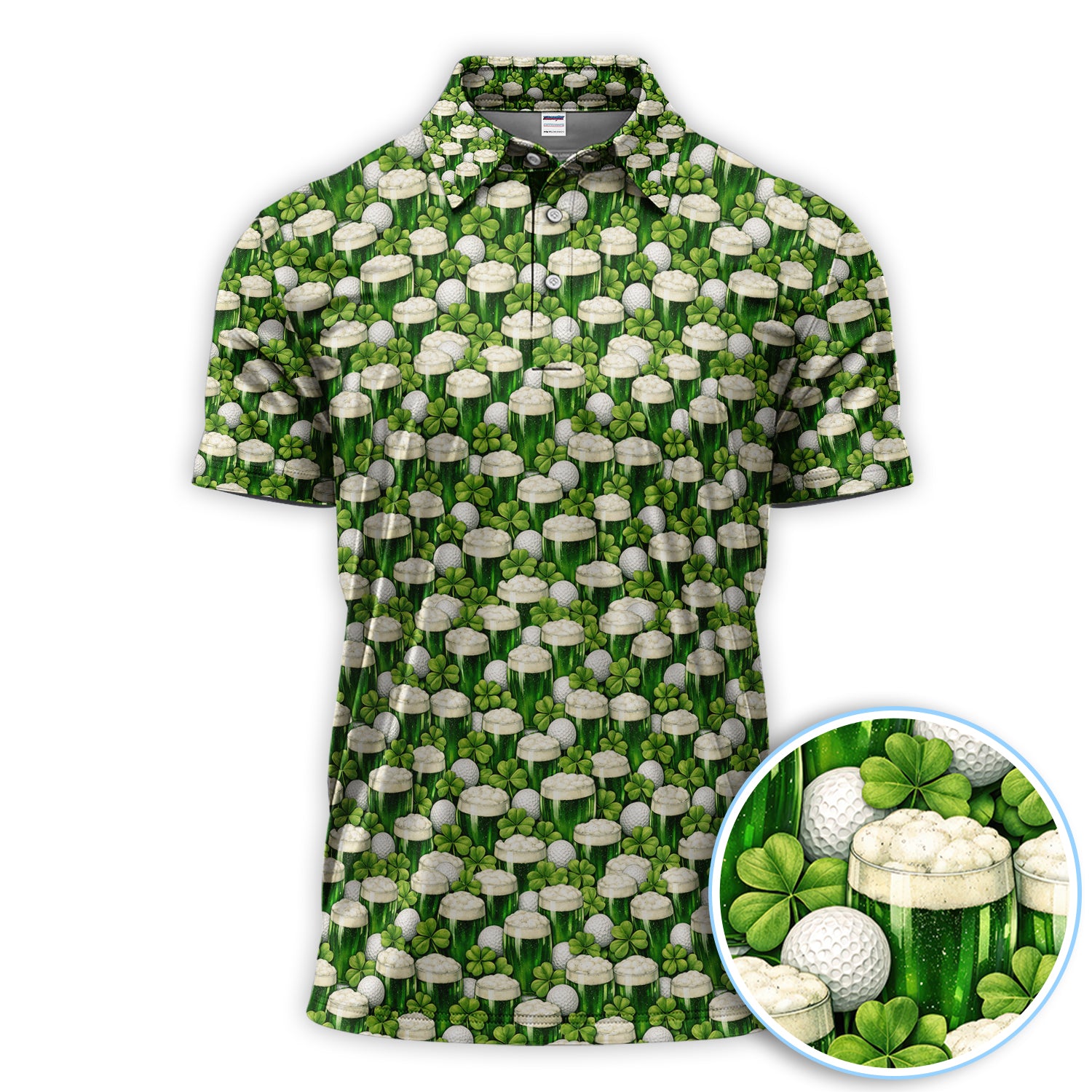 Men St.Patrick’s Day Pattern Golf Polos, Crazy Green Beer With Shamrock Golf Shirt, Funny Golf Gift For Golfer