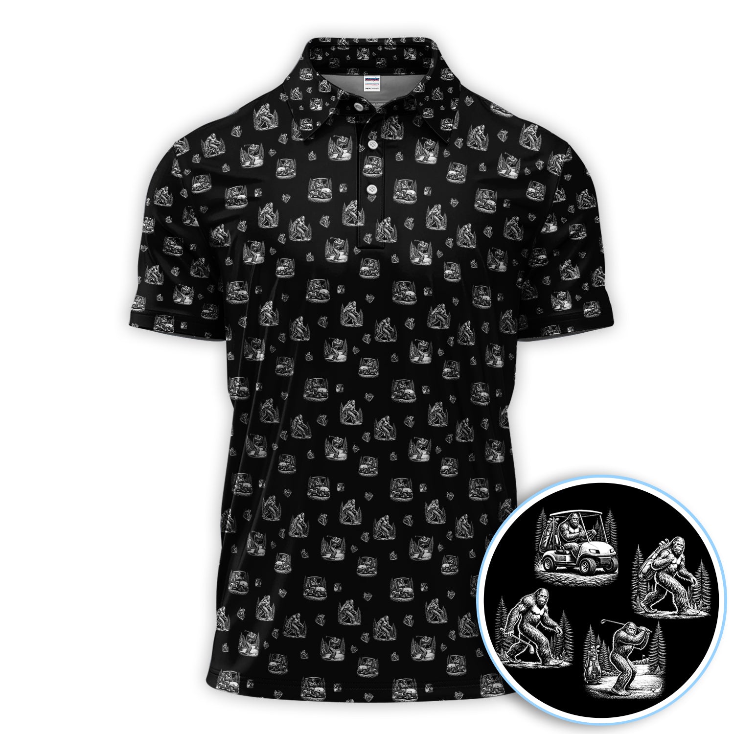 Bigfoot Pattern Golf Polos, Funny Sasquatch Golf Shirt, Crazy Golf Gift For Men