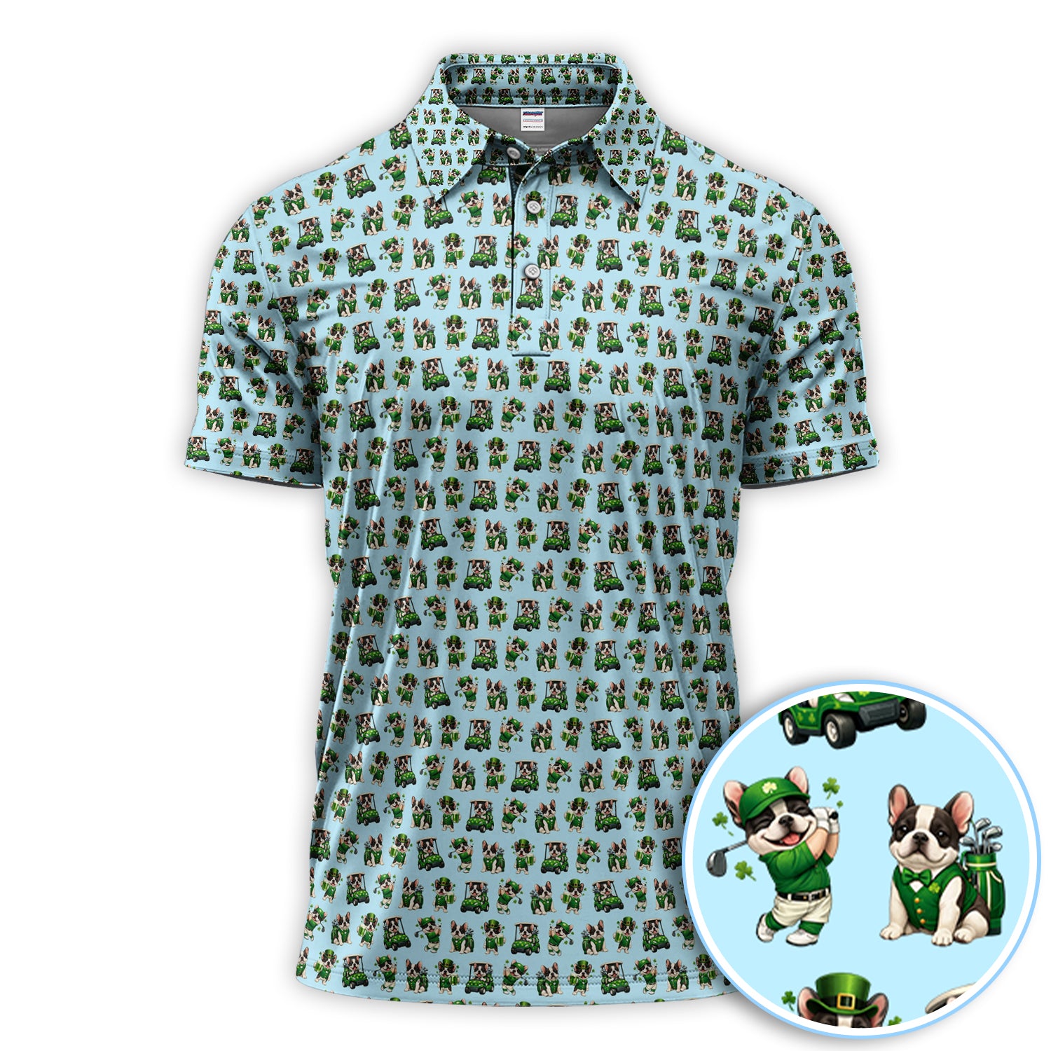 Funny French Bulldog Pattern Golf Shirt, St. Patrick’s Day Dog Golf Polos, Golf Gift For Golfer
