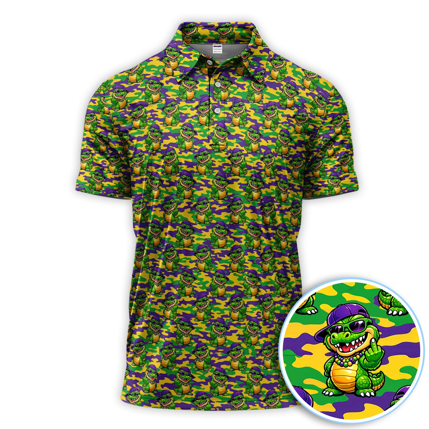Mardi Gras Gator Golf Shirt, Funny Alligator Camo Pattern Golf Polos, Men Golf Gift