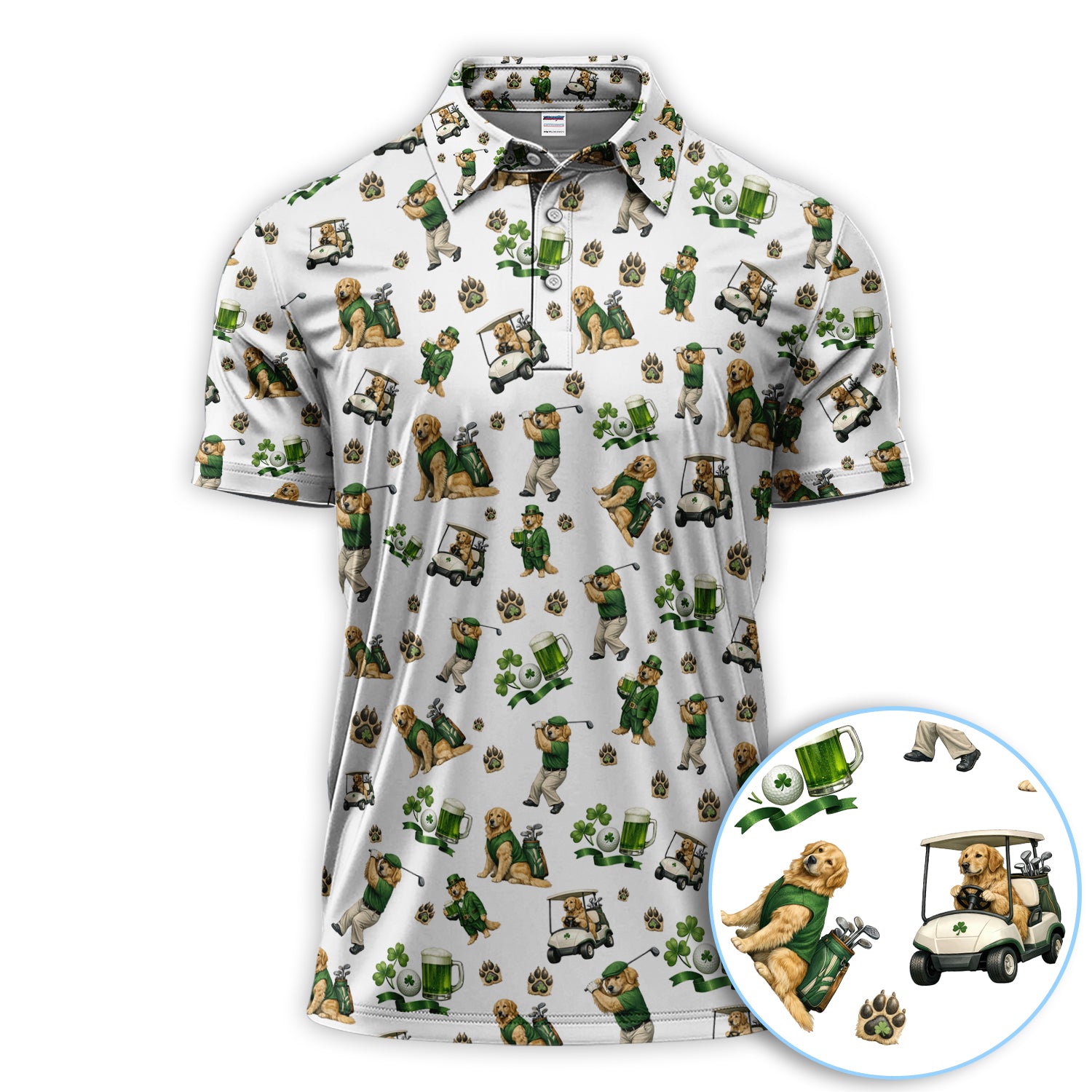 Funny Golden Retriever Golf Shirt, St. Patrick’s Day Pattern Golf Polos, Golf Gift For Golfer