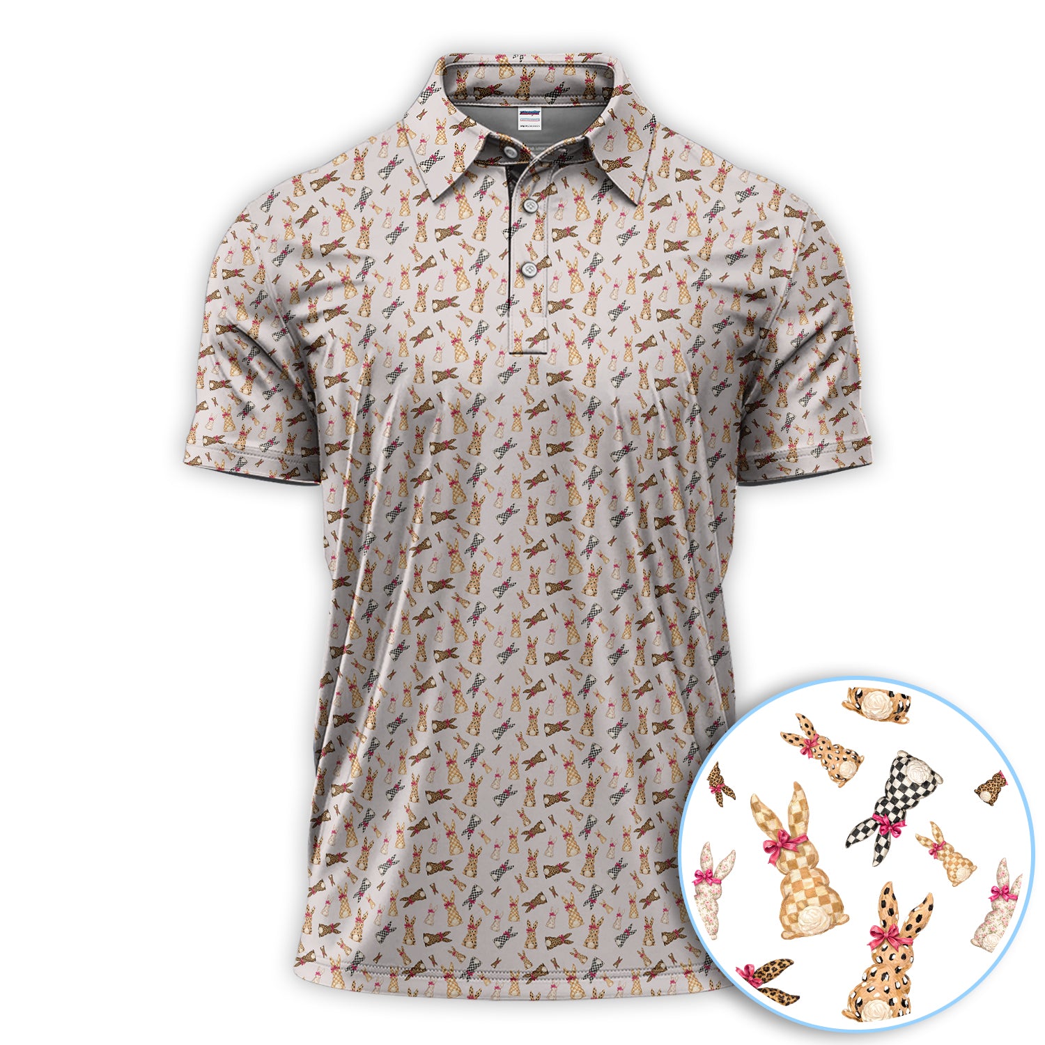 Bunny With Bow Pattern Polo Shirt, Cute Bunny Print Golf Shirt For Men, Golf Gift For Golfer