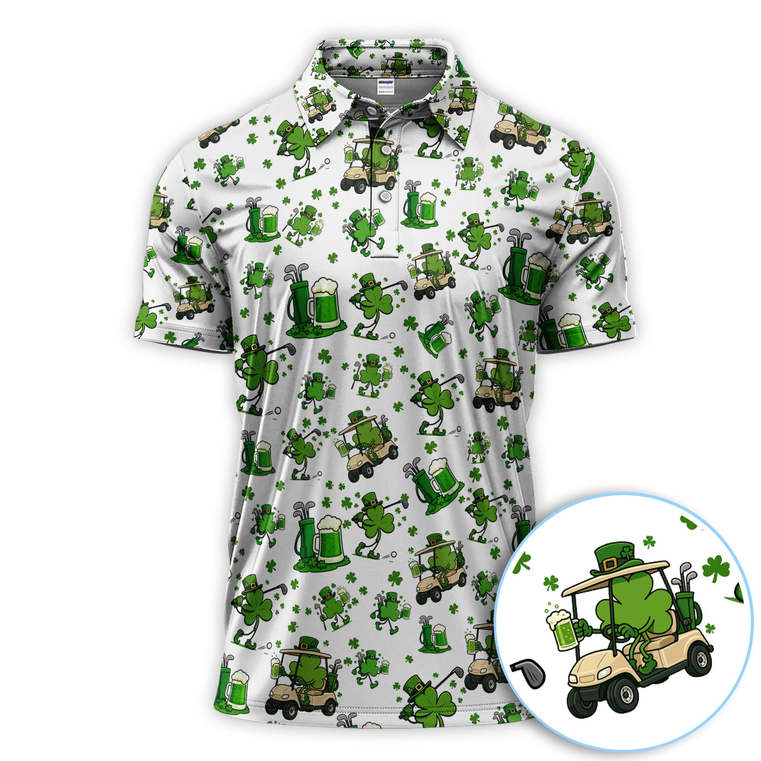 St. Patrick’s Day Pattern Golf Shirt, Funny Irish Golf Cart Polos, Lucky Shamrock Golf Shirt For Men