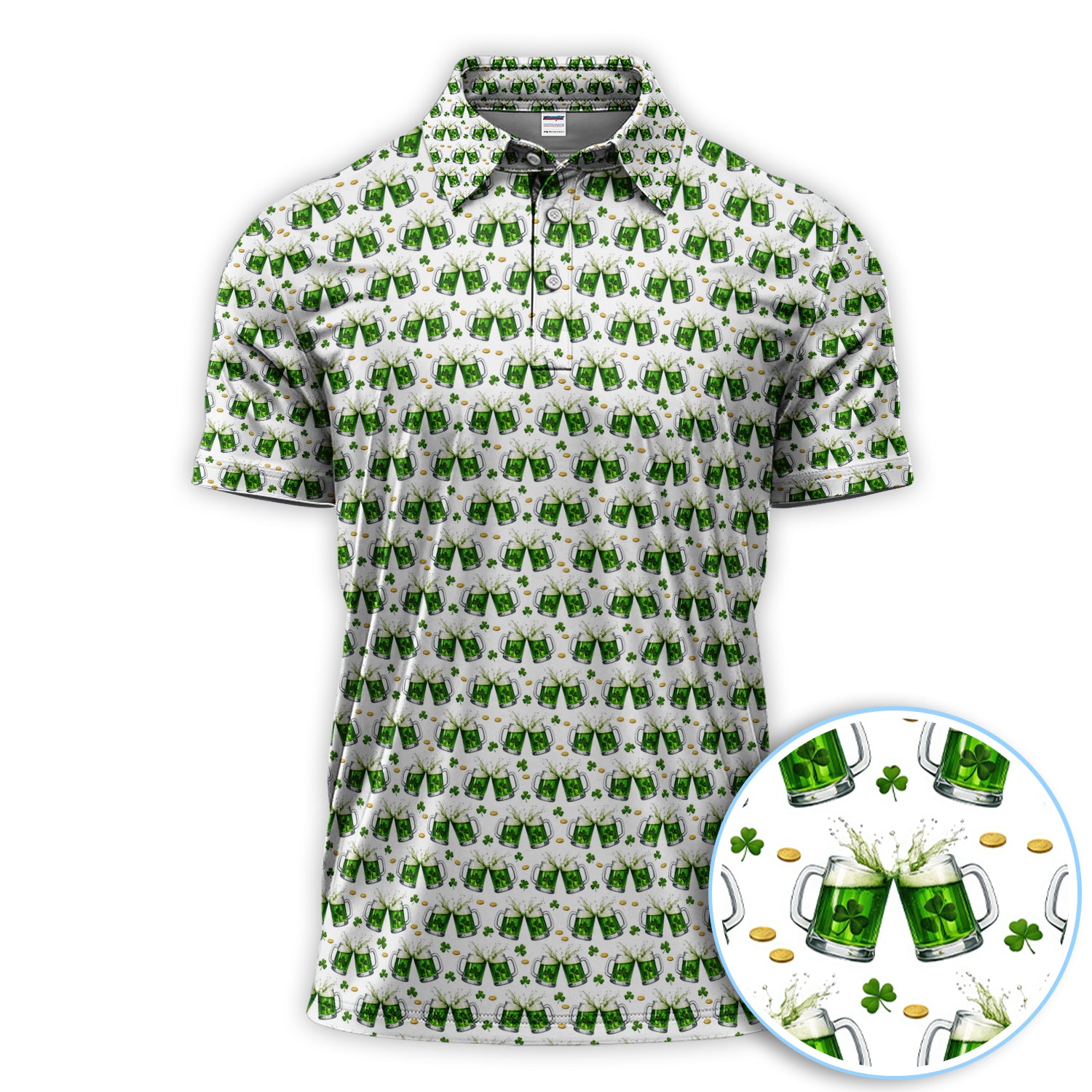 Green Beer With Shamrock Pattern Golf Shirt, St.Patrick’s Day Golf Polos, Crazy Golf Gift For Golfer