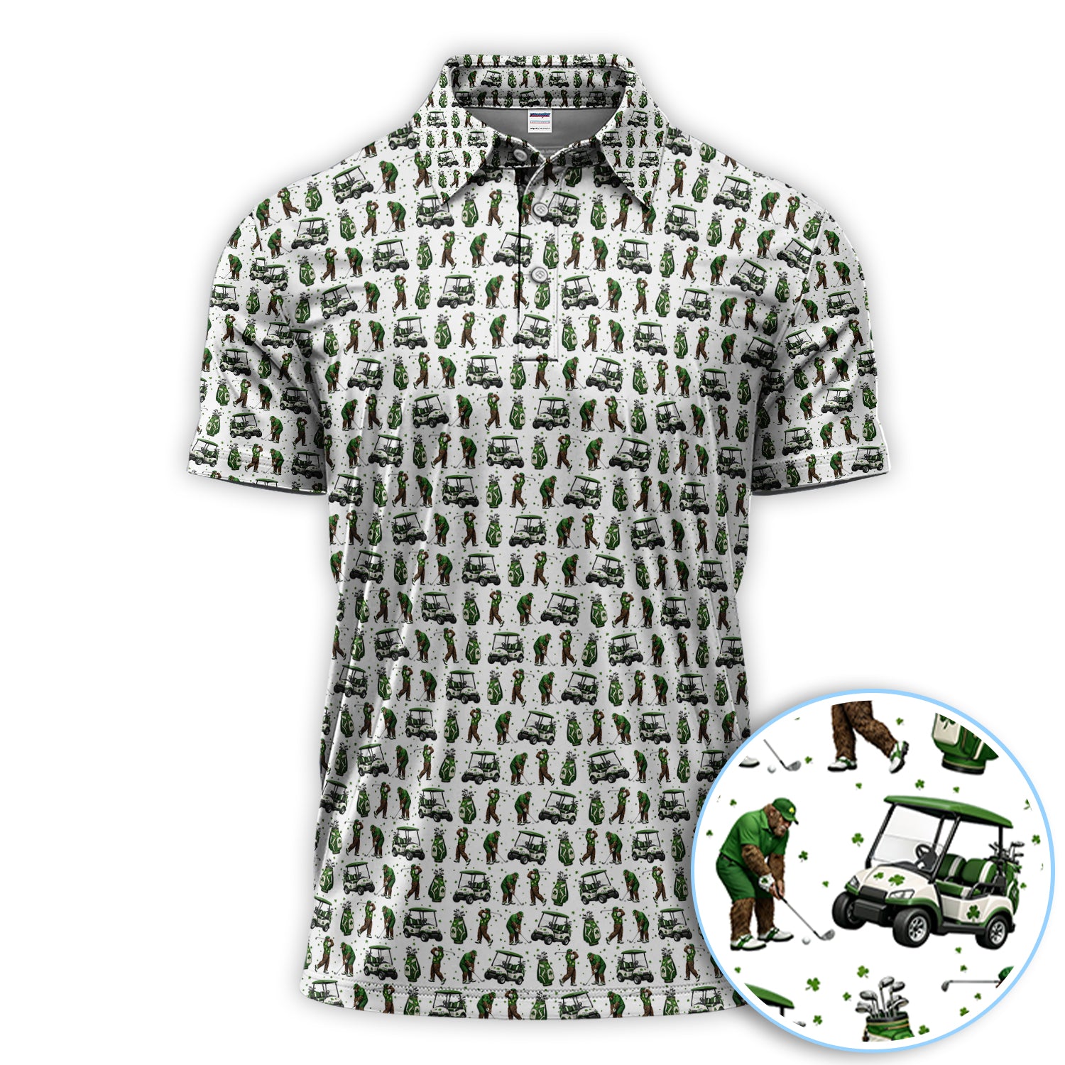 Bigfoot Golf St. Patrick’s Day Pattern Golf Polos, Sasquatch Golf Shirt For Golfer, Crazy Men's Golf Gift
