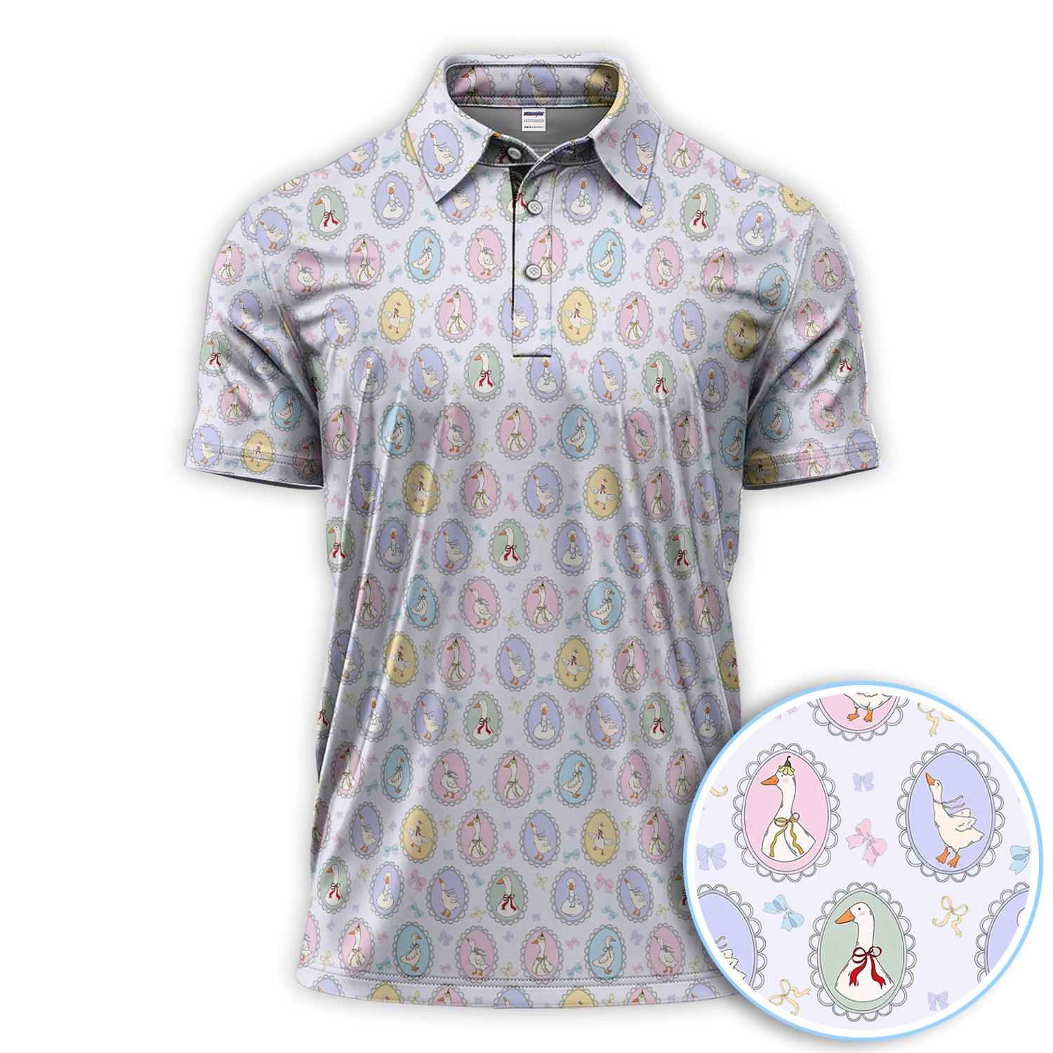 Vintage Goose Cameo Pattern Polo Shirt, Pastel Duck Ribbon Pattern Shirt, Gift For Golfer