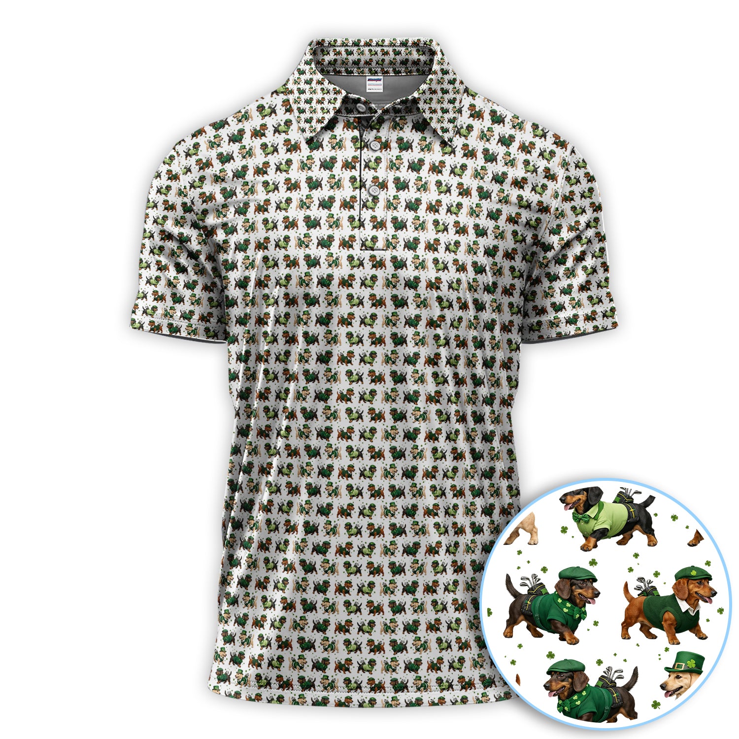 Dog St. Patrick’s Day Pattern Golf Polos, Dachshund Golf Shirt For Men, Funny Golf Gift For Golfer