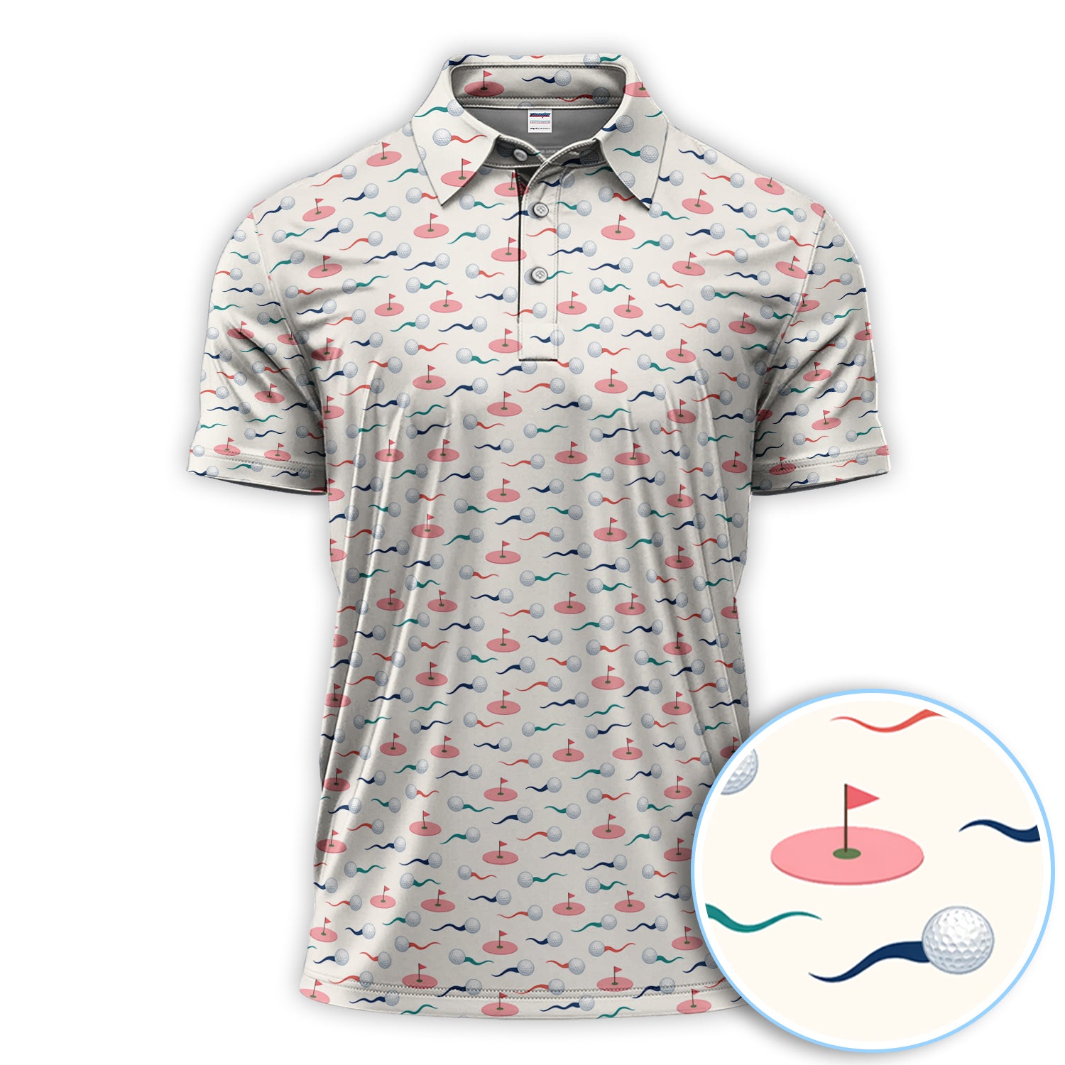 Golf Ball And Flag Pattern Polo Shirt, Stylish Golf Print Shirt For Men, Golf Gift For Golfer