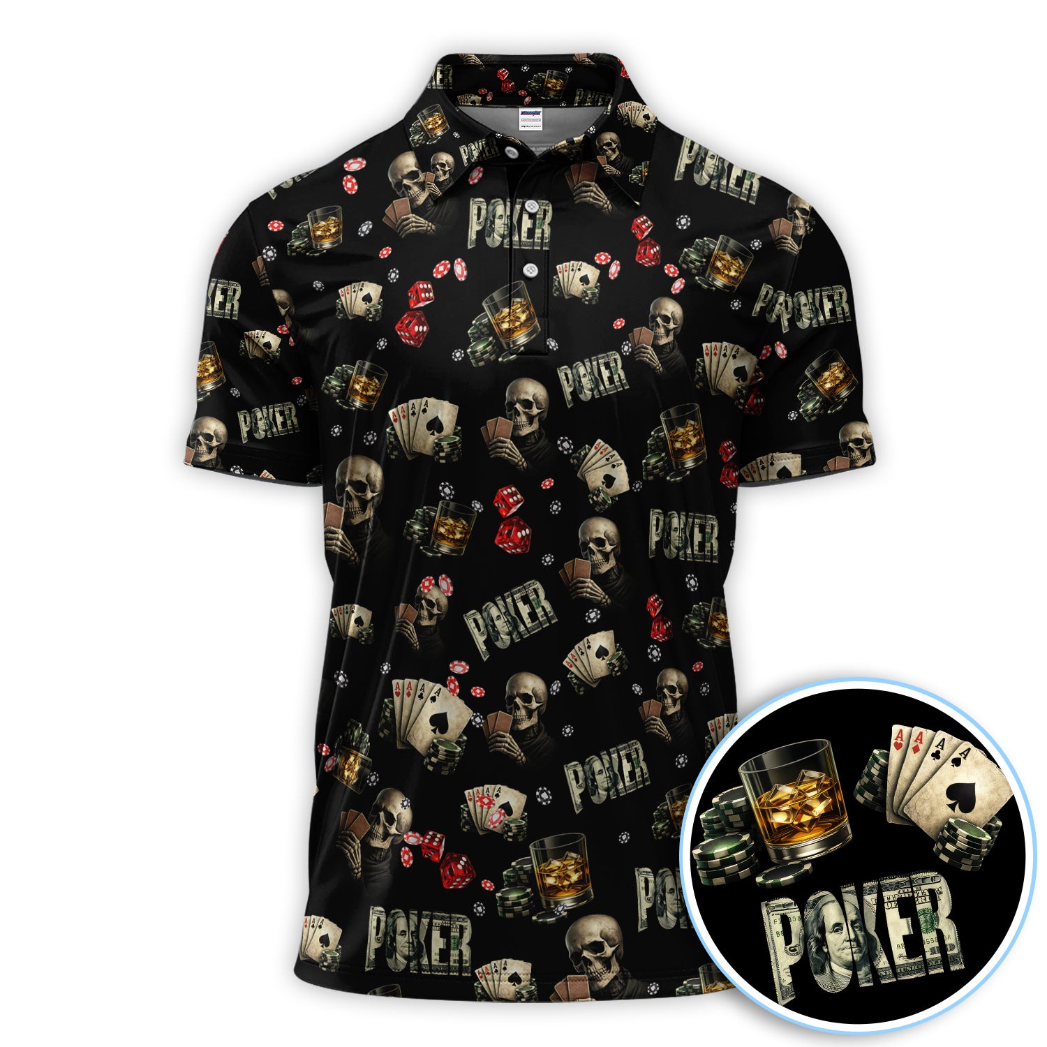 Dark Poker Night Poker Polos For Men, Skull Poker Pattern Shirt, Funny Poker Shirt For Gambling