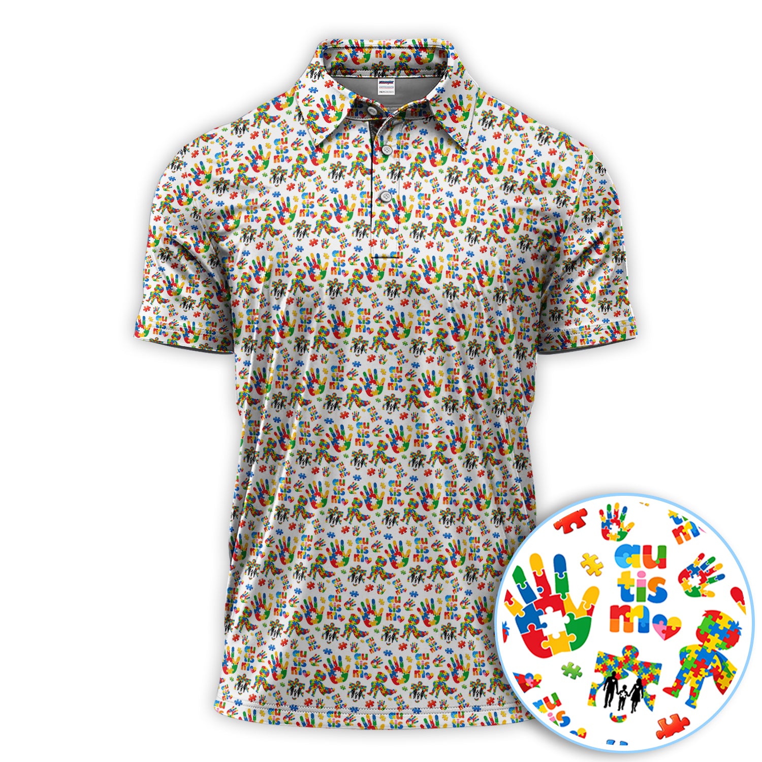 Autism Puzzle Hand Print Golf Shirt For Men, Colorful Awareness Pattern Golf Polos, Golf Gift For Golfer