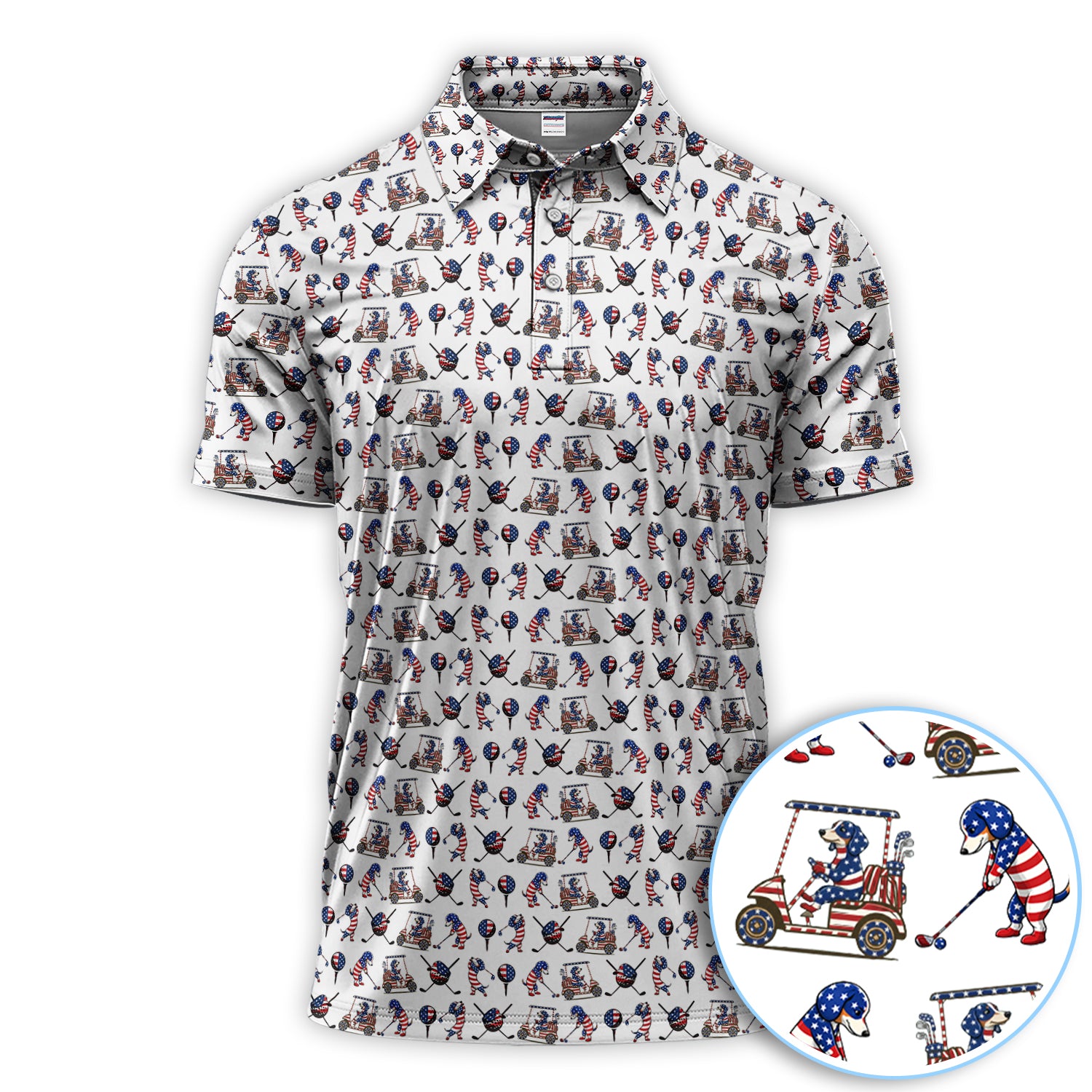 Patriotic Dachshund Golf Polos, USA Flag With Wiener Dog Pattern Golf Shirt, Funny Golf Gift For Golfer