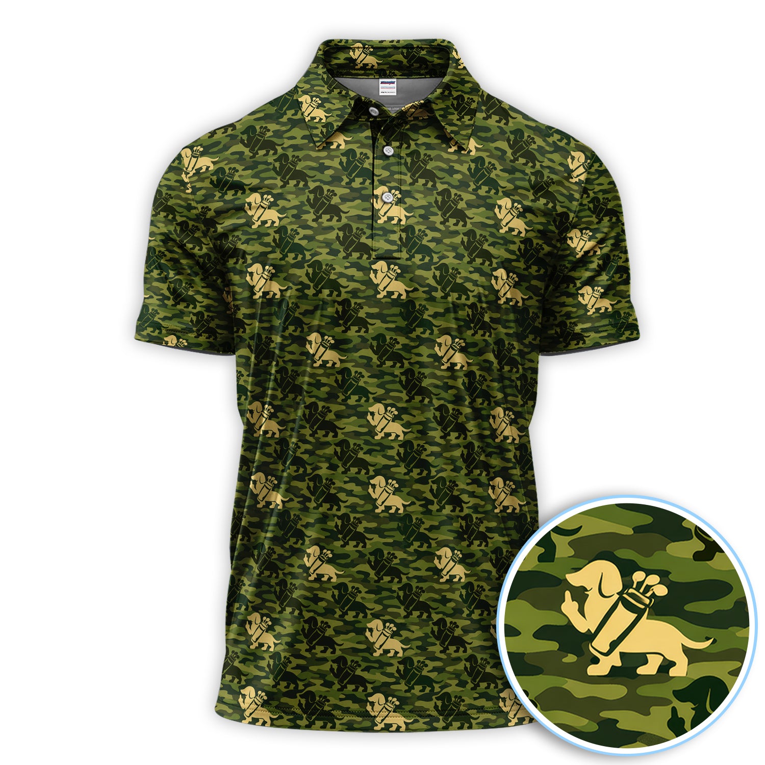 Dachshund Camo Pattern Golf Polos, Wiener Dog Golf Shirt For Golfer, Golf Gift For Men