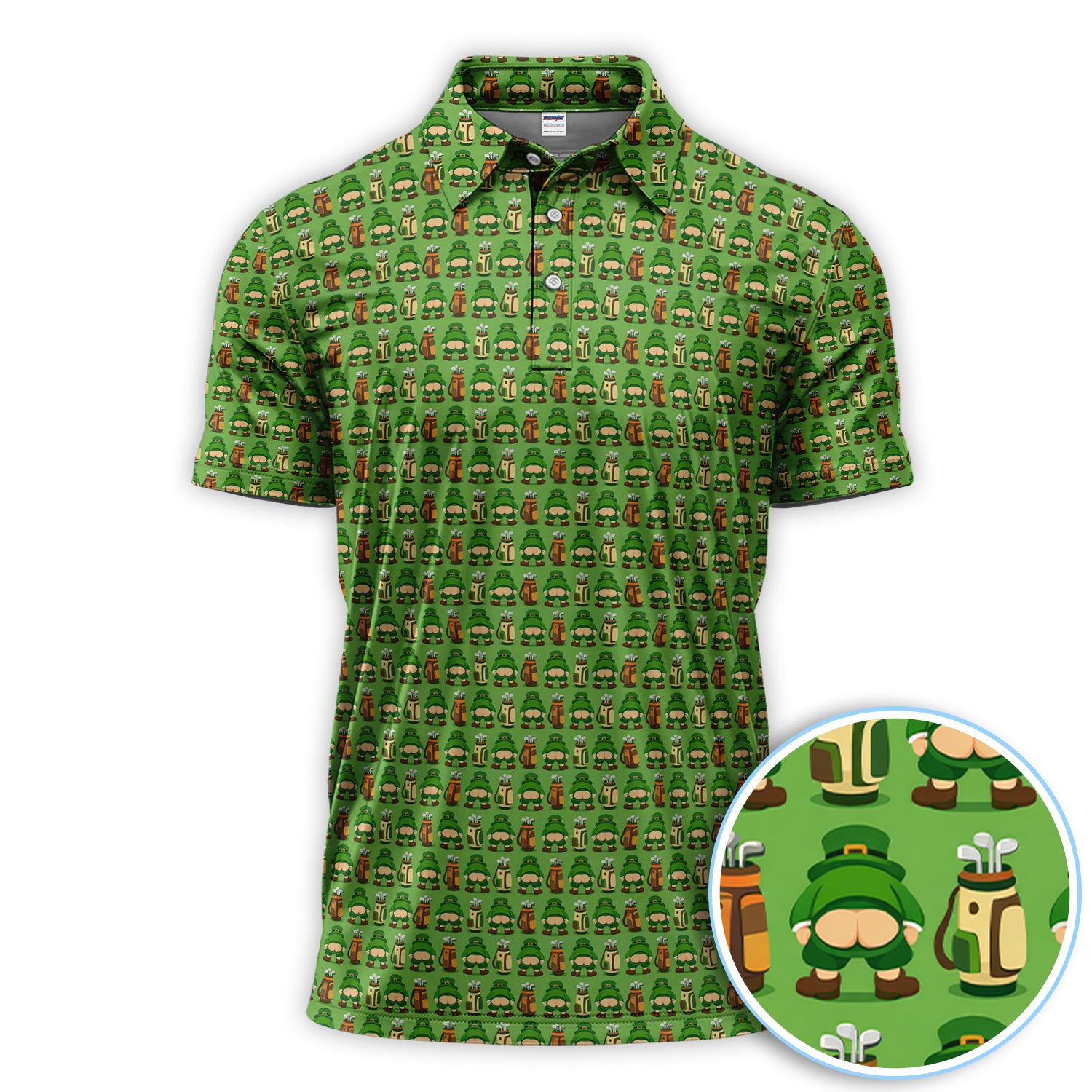 Funny Leprechaun Golf Shirt For Men, Irish St Patrick Golf Cartoon Pattern Golf Polos, Golf Gift For Golfer