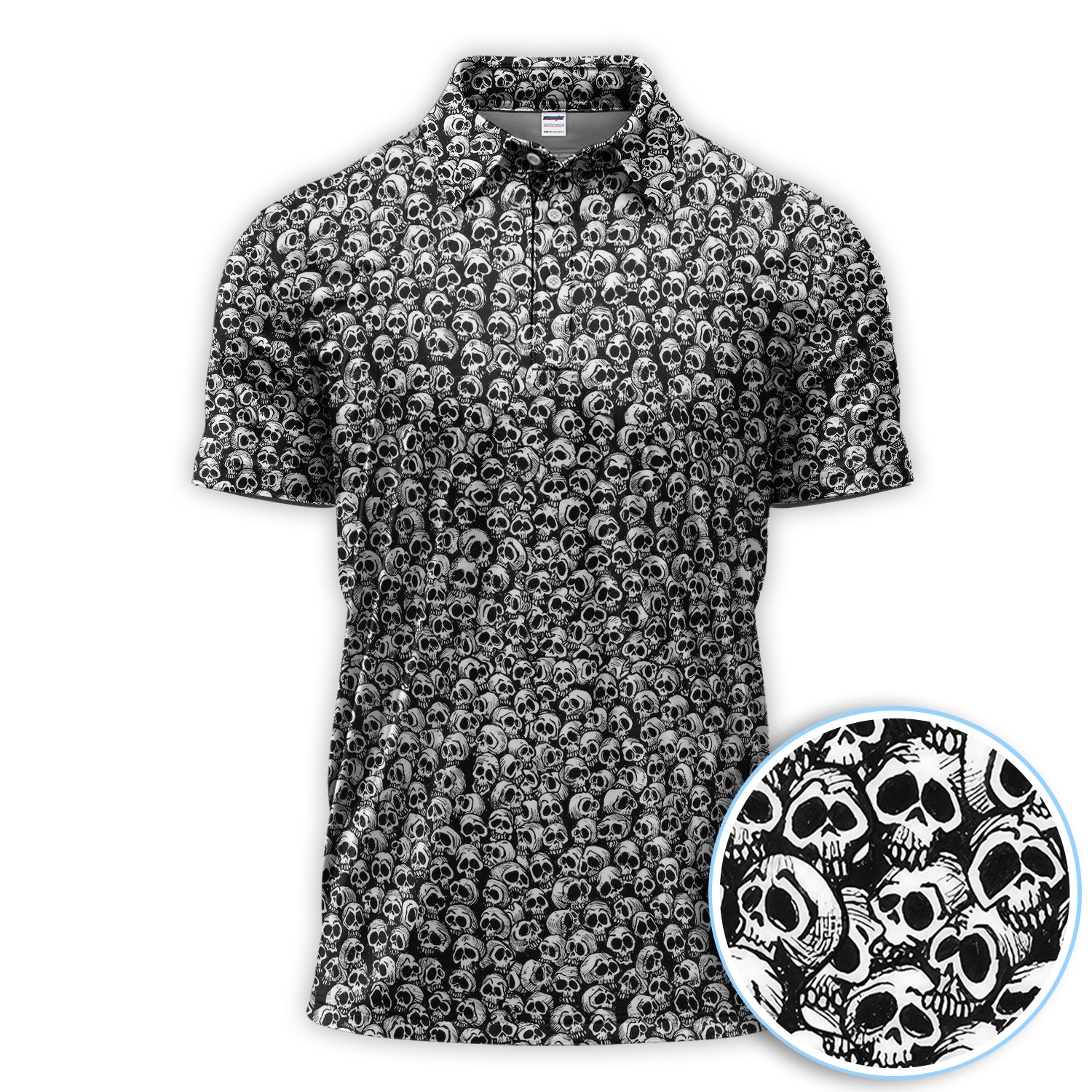 Gothic Skull Pattern Golf Shirt, Dark Skeleton Print Polo Shirt, Halloween Style Shirt
