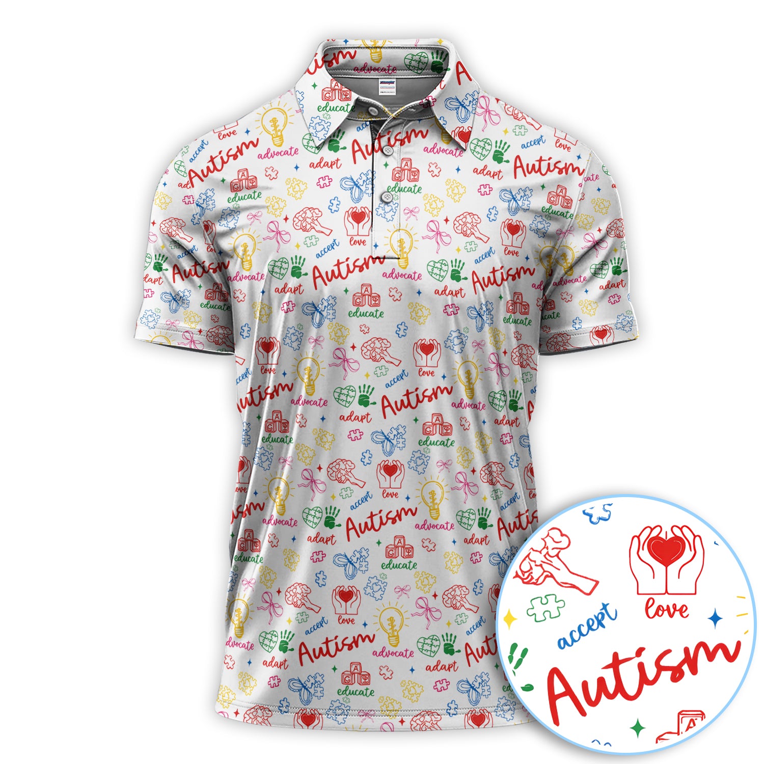 Autism Awareness Polo Shirt, Accept Love Advocate Educate Autism Pattern Shirt, Autism Support Gift