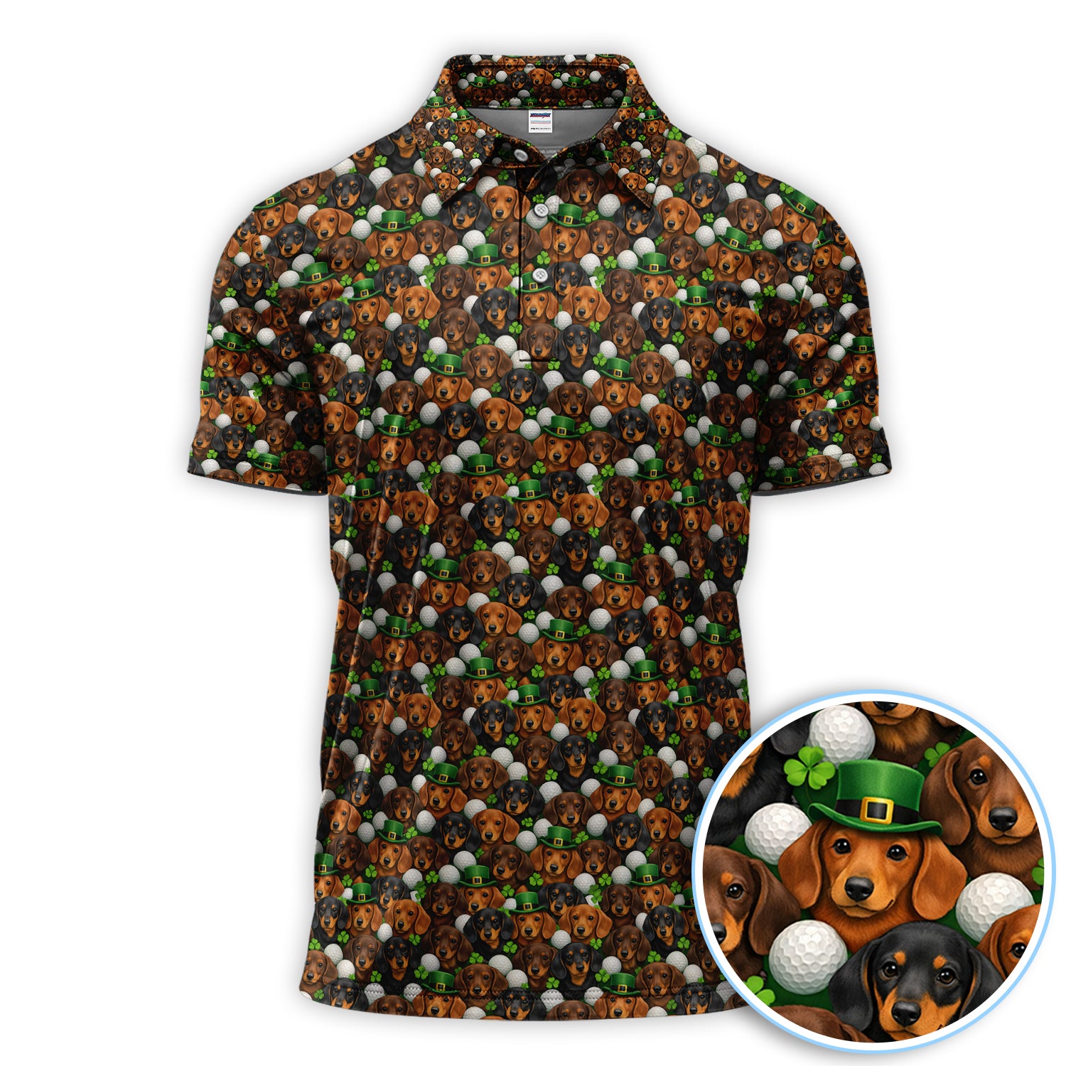 Dachshund St. Patrick’s Day Golf Polos, Wiener Dog Pattern Golf Shirt For Men, Funny Golf Gift For Golfer