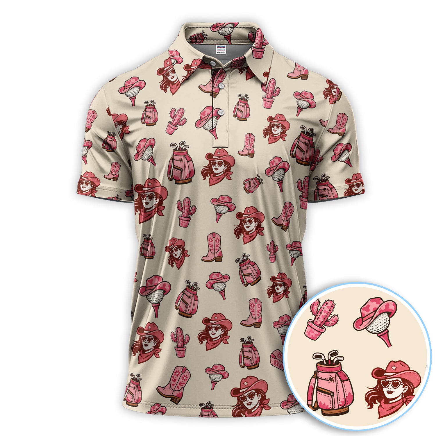 Pink Cowgirl Western Golf Shirt, Boho Cowgirl Hat Boots Cactus Pattern Shirt For Men, Golf Gift For Golfer
