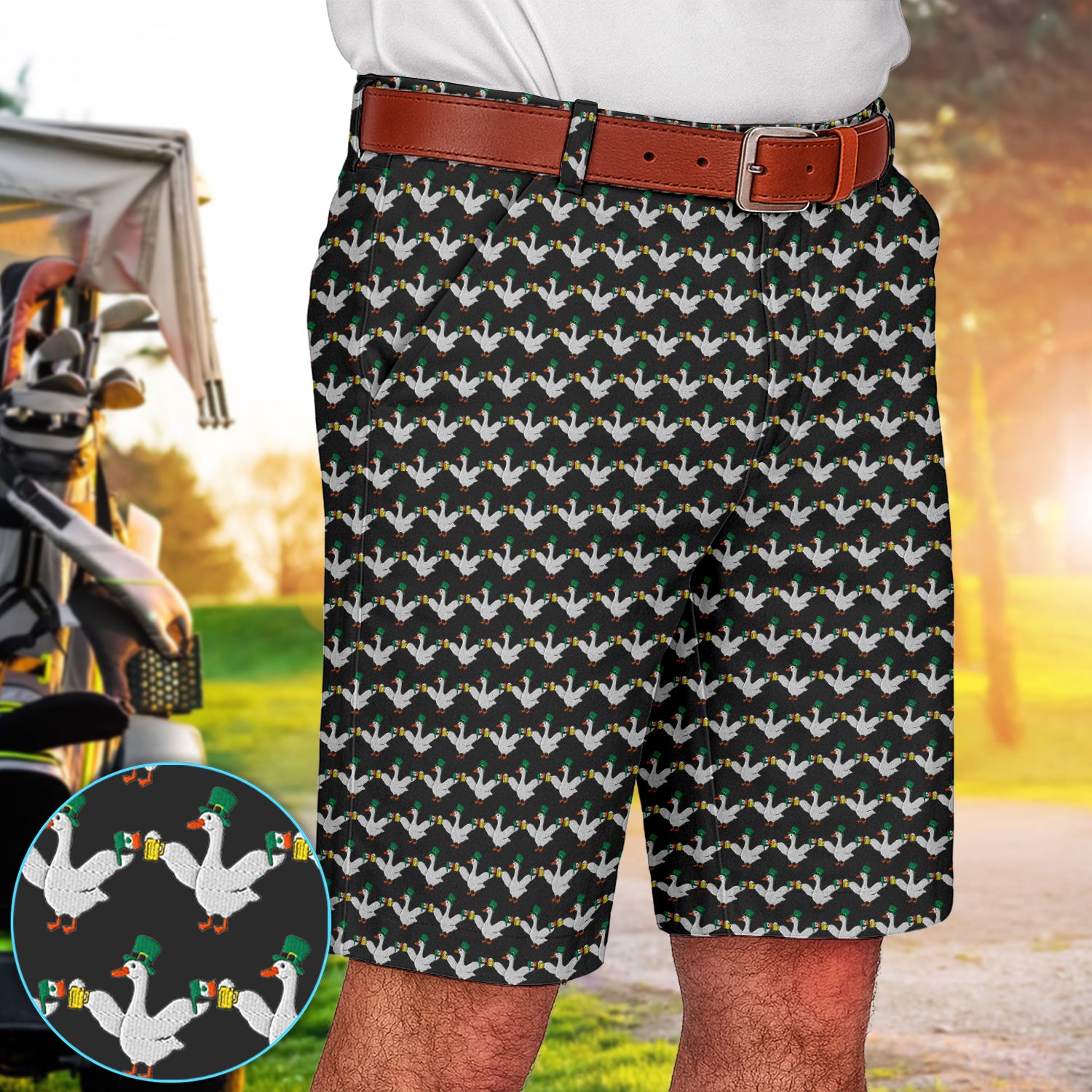 Lucky Irish Goose Golf Short, St Patrick’s Day Beer Goose Pattern Shorts, Funny Golf Shirt For Men