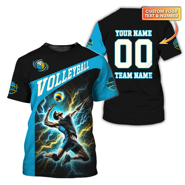 Custom Volleyball T-Shirt – Male Athlete Spiking with Lightning