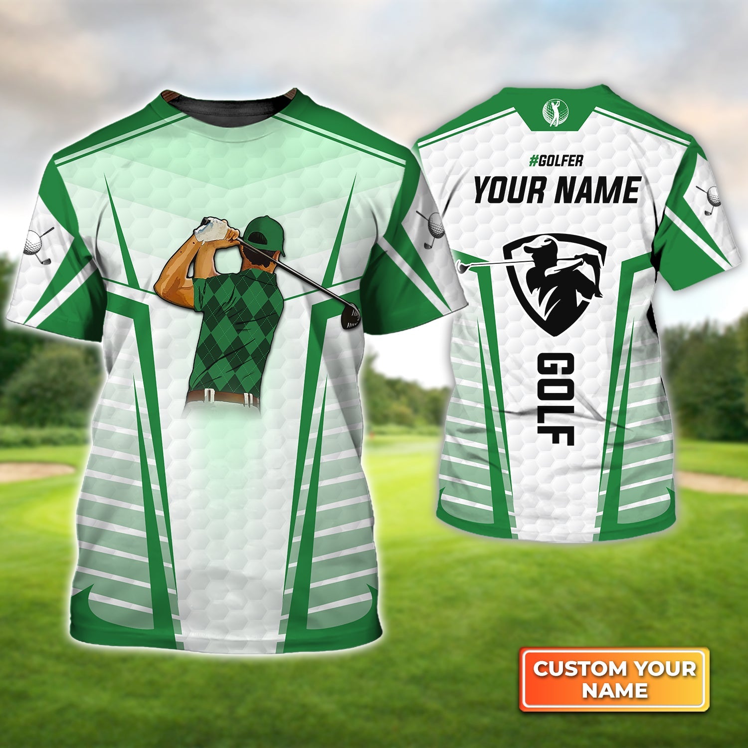 Golf Swing Green Abstract With Golf Club, Personalized Name 3D Tshirt