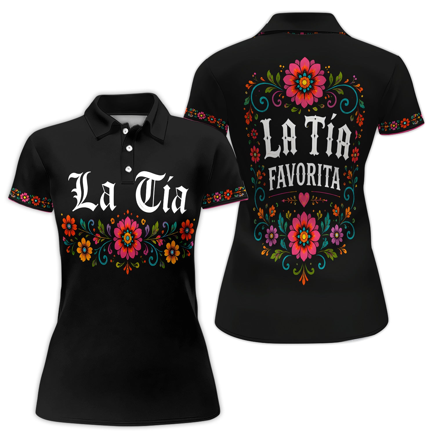 La Tía Floral Polo Shirt for Women – Mexican Latina Auntie Shirt, Colorful Floral Heritage Polo Gift