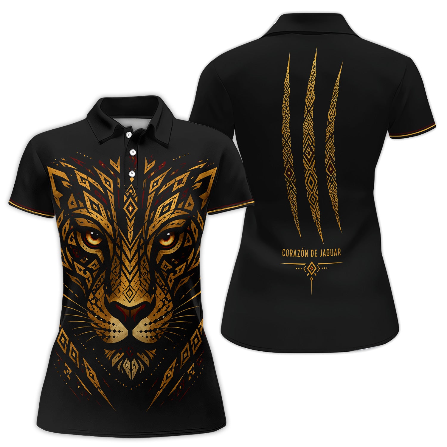Jaguar Tribal Polo Shirt for Women – Corazón de Jaguar Geometric Mexican Heritage Shirt