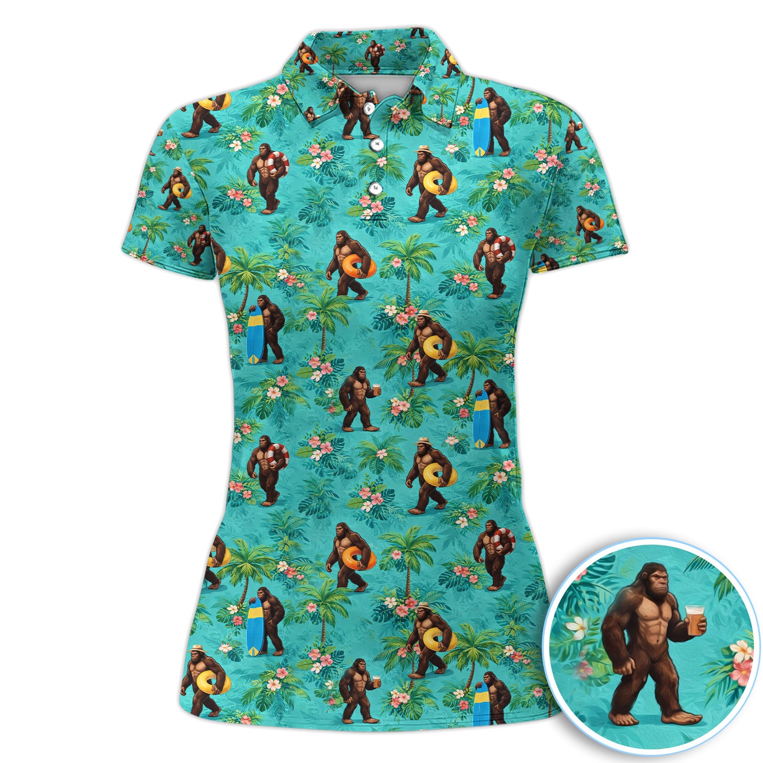 Funny Tropical Bigfoot Golf Pattern Shirt, Hawaiian Sasquatch Golf Shirt For Women, Beach Lover Gift
