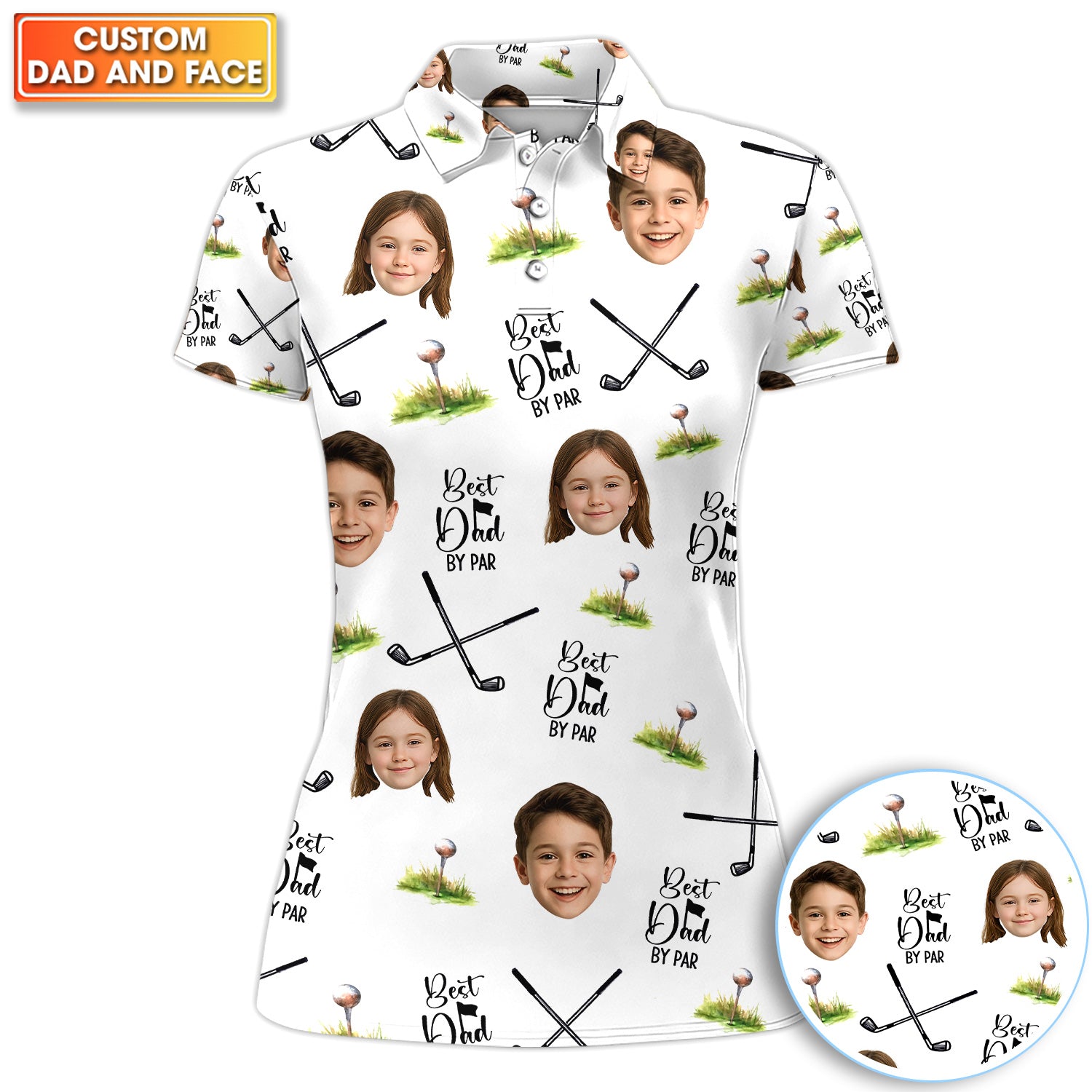 Custom Kid Face Pattern Golf Polos, Best Dad By Par Golf Shirt, Personalized Golf Shirts For Women