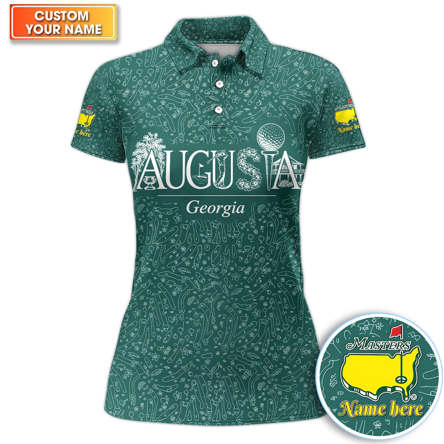 Personalized Augusta Georgia Script Golf Pattern Shirt, Custom Name Masters Golf Polo Shirt For Women, Golf Tournament Gift