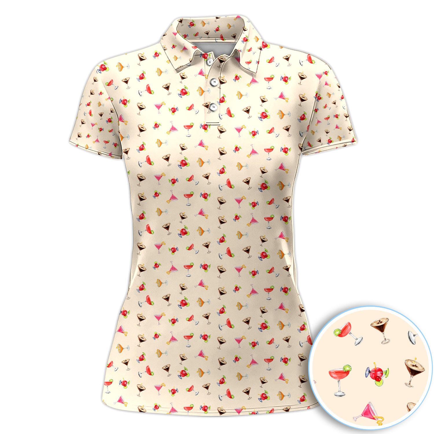 Cocktail Pattern Golf Polos, Crazy Cocktail Golf Shirt For Women, Funny Golf Shirt