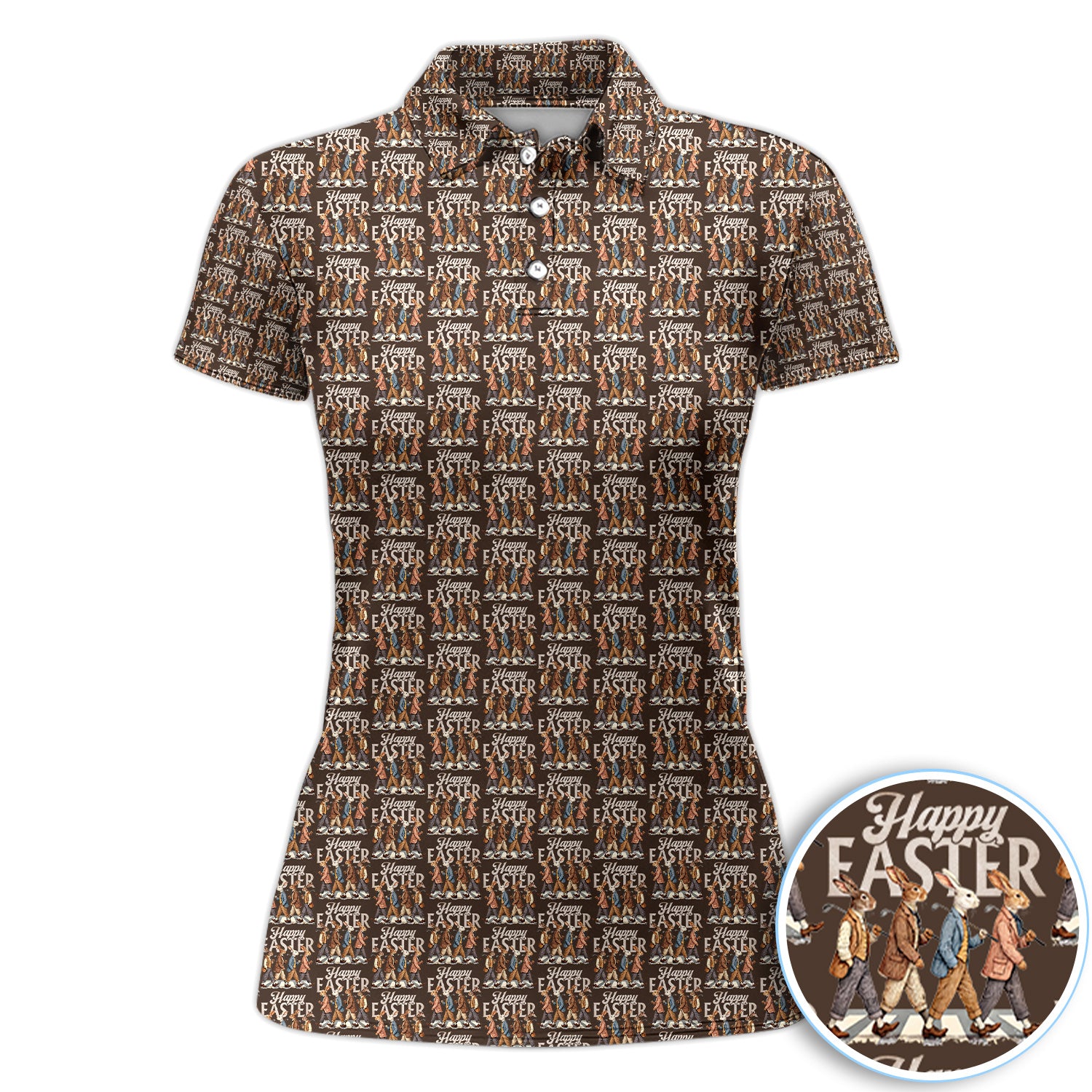 Happy Easter Retro Bunny Walk Pattern Women Polo Shirt, Vintage Easter Rabbit Pattern Shirt, Easter Gift