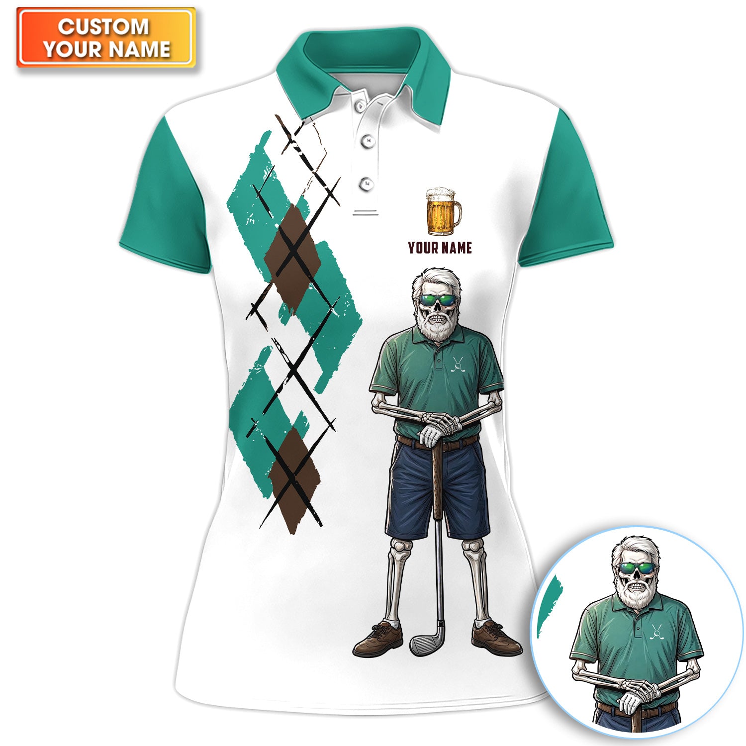 Personalized Funny Skull Golfer Pattern Golf Shirt, Skeleton Beer Golf Shirt For Men, Golf Lover Gift