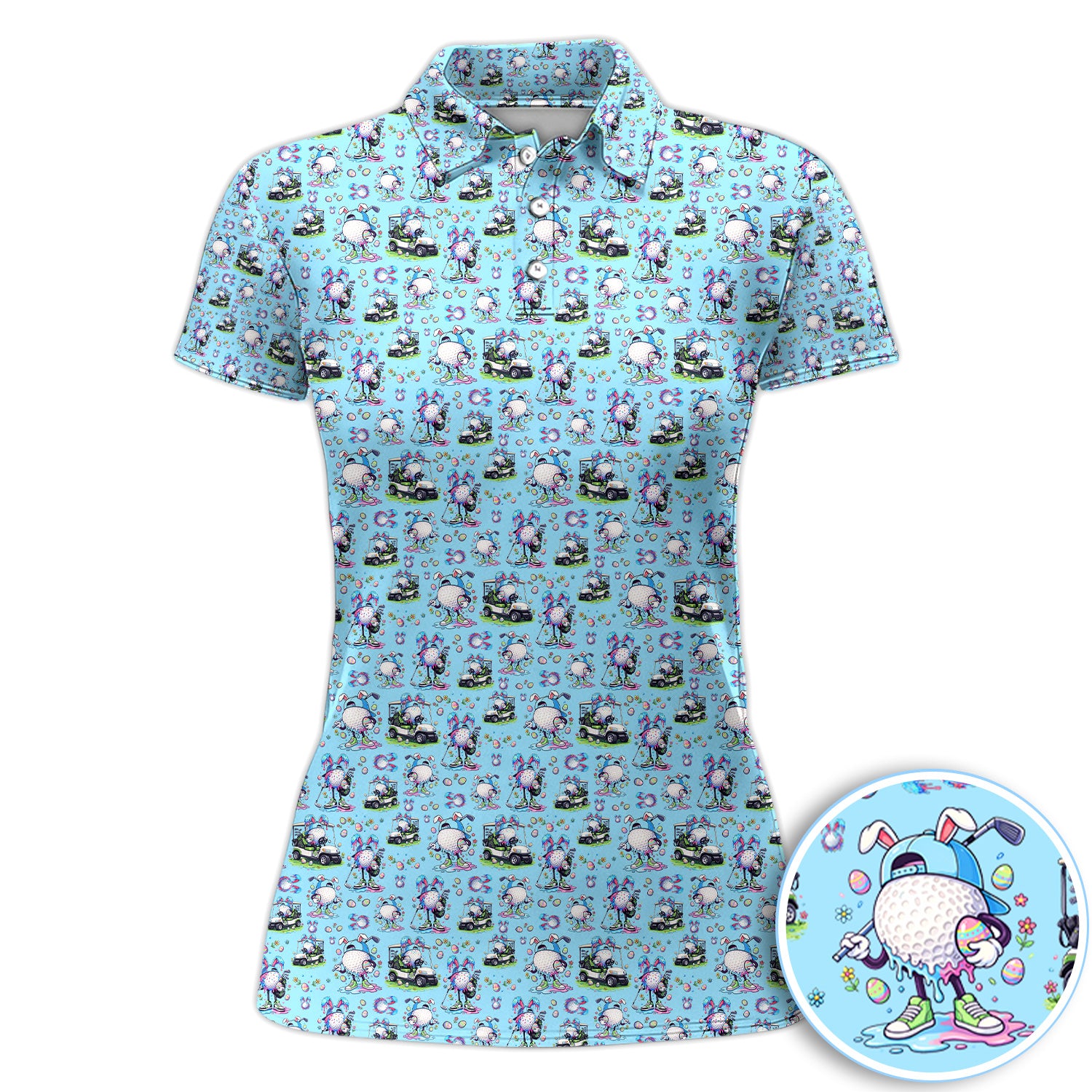 Easter Golf Bunny Pattern Women Polo Shirt, Colorful Easter Egg Golf Cart Pattern Shirt, Gift For Golfer
