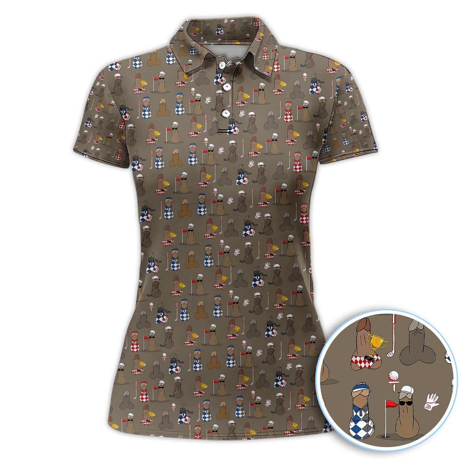 Funny Golf Character Polo for Women, Cute Cartoon Golf Pattern Shirt, Gift for Golfer