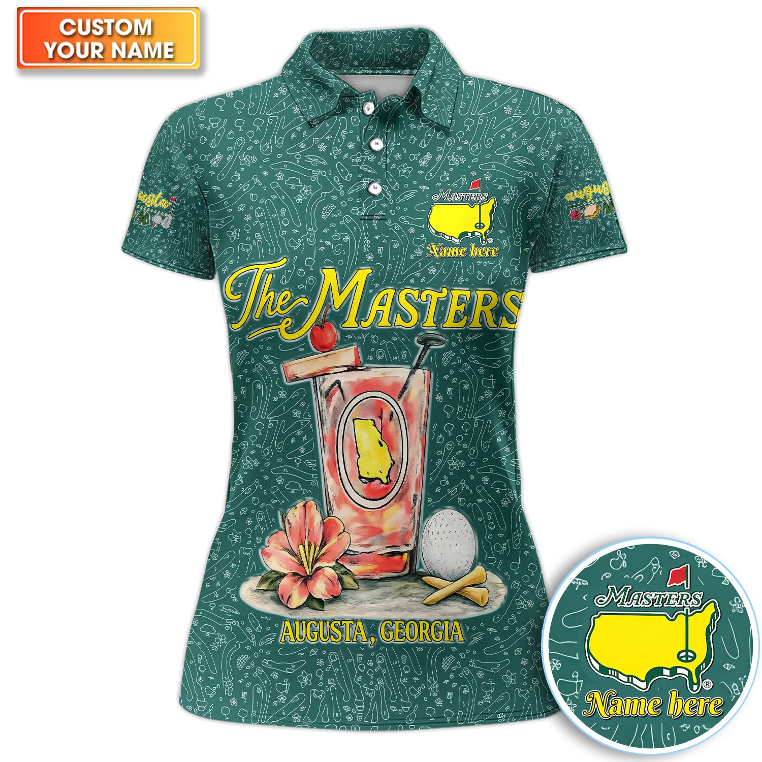 Personalized Masters Cocktail Augusta Pattern Shirt, Custom Name Golf Drink Polo Shirt For Women, Golf Tournament Gift